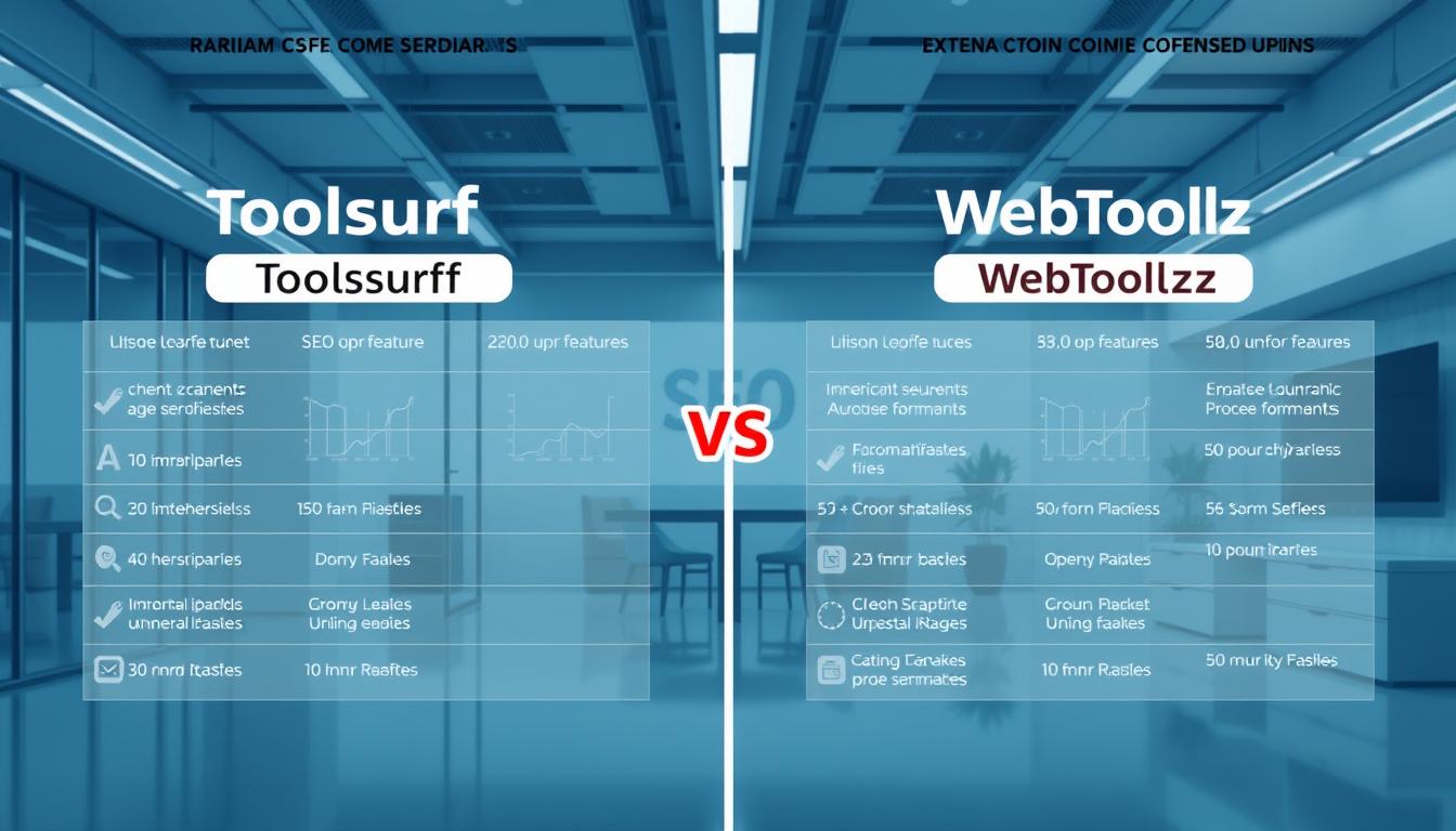 a detailed, high-quality comparison of SEO tools Toolsurf and WebToolz 2025, showcasing their features, performance, and user experience side-by-side. The image should have a professional, data-driven look, with clear visual contrasts, charts, and icons to highlight the key differences. The scene should be set in a sleek, modern office environment with minimalist decor, good lighting, and subtle branding elements. The overall mood should convey a sense of authority, objectivity, and technical expertise.