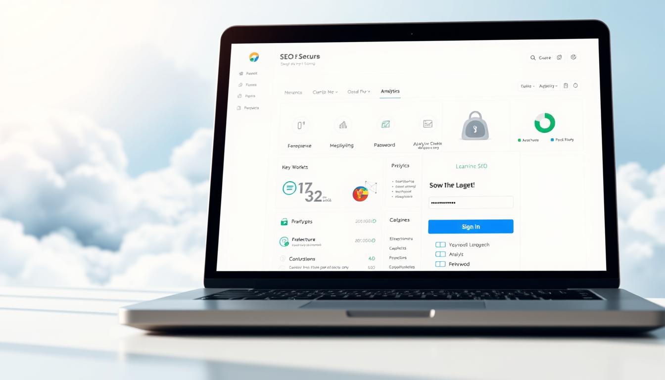 a detailed, photorealistic digital illustration of a modern cloud-based SEO tools dashboard with secure login access. The foreground shows a laptop screen displaying a login interface with input fields for username and password, with a prominent "Sign In" button. The middle ground features a clean, minimalist UI layout with various analytics widgets, keyword research tools, and content optimization features. The background depicts a serene, abstract cloud landscape in soft blues and whites, symbolizing the cloud-based nature of the platform. The lighting is natural and diffused, creating a sense of depth and atmosphere. The overall tone is professional, reliable, and trustworthy. Alt-text: cloud-based SEO tools access