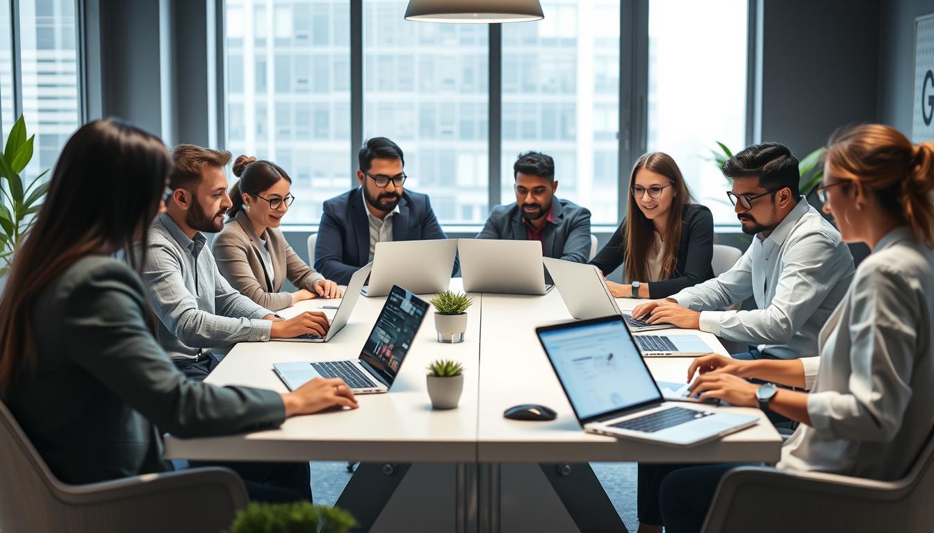 a group of diverse professionals using a variety of SEO tools on their laptops and desktop computers, seated around a modern conference table in a well-lit, contemporary office space with large windows, minimalist decor, and a subtle color palette of grays, whites, and accents of green plants. The scene conveys a sense of focused collaboration, strategic planning, and a commitment to leveraging the latest SEO technologies to drive their digital marketing efforts.