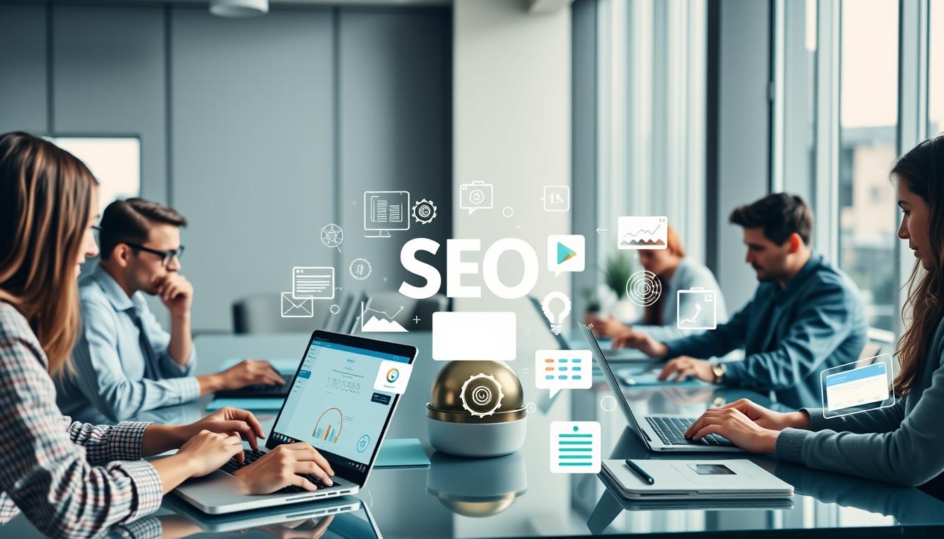 a group of people using various SEO tools and software on their laptops and devices in a modern, well-lit office setting, conveying a sense of collaboration and productivity. The foreground features the users intently focused on their screens, while the middle ground showcases the diverse array of SEO tools and applications they are utilizing. The background depicts a sleek, minimalist office environment with large windows, providing a sense of professionalism and innovation. The lighting is soft and even, creating a warm and inviting atmosphere. The overall mood is one of efficiency, teamwork, and the effective use of SEO tools to drive success.