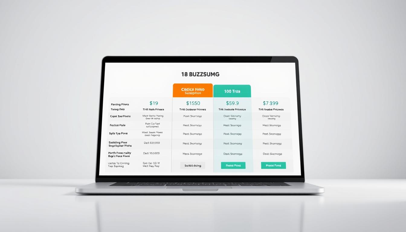 a high-quality 3D rendered image of a stylish, modern-looking pricing table for BuzzSumo, displayed on a laptop screen against a clean, minimalist background. The pricing table showcases various subscription plans and packages with clear pricing information, free trial options, and feature breakdowns. The image has a professional, corporate aesthetic with soft lighting, depth of field, and a slightly elevated camera angle to create an inviting, informative presentation of the BuzzSumo group buy offering.