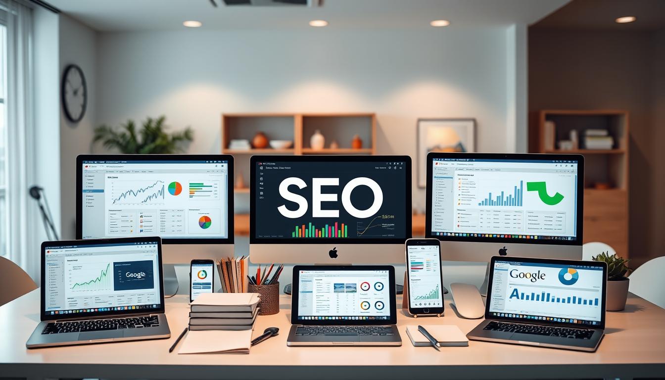 a high-quality digital image of an array of SEO tools and software, showcased on a modern, minimalist desk setup. The foreground features various laptop screens, tablets, and smartphones displaying SEO dashboards, analytics, and optimization tools. The middle ground includes a selection of physical SEO resource materials, such as books, notepads, and desk accessories. The background depicts a clean, well-lit office environment with tasteful decor, suggesting a professional, productivity-focused atmosphere. The lighting is soft and diffused, creating a sense of focus and attention to detail. The overall composition conveys the comprehensive nature of SEO toolkits, their integration into a workflow, and the importance of a well-organized, technology-enabled workspace for effective search engine optimization.