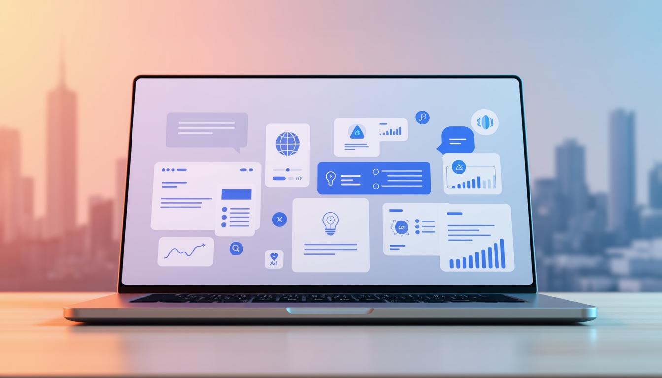 a professional, highly detailed digital illustration of AI writing tools for content creation, featuring a stylized laptop or computer display showcasing various AI-powered writing, editing, and ideation apps and software. The foreground should depict the main tools and interfaces, with a clean, minimalist design aesthetic. The middle ground could include related icons, graphs, or data visualizations to convey the analytical and productivity-enhancing aspects of the tools. The background should have a slightly futuristic, tech-inspired ambiance with subtle gradients, geometric patterns, or a softly blurred cityscape. The overall mood should be one of efficiency, innovation, and the empowerment of creative content generation. Render the scene with a high level of photorealism, balanced lighting, and a warm, slightly muted color palette. "AI writing tools for content creation"
