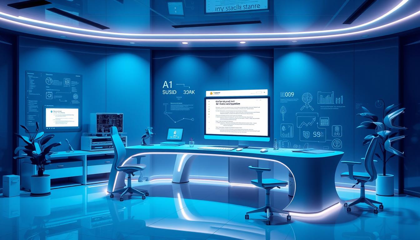 a professional, highly detailed digital illustration of a futuristic AI writing assistant workspace, featuring a sleek, minimalist desk with a large, curved display, a state-of-the-art workstation, and various AI-powered writing and content creation tools, all bathed in a cool, blue-tinted lighting, creating a sophisticated and innovative atmosphere that showcases the cutting-edge AI writing solutions for SEO