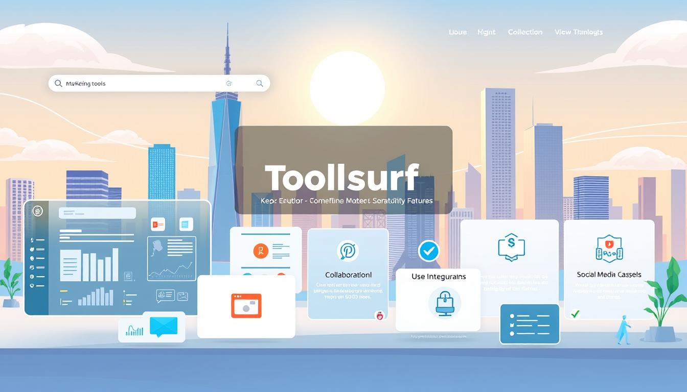 a professional, highly detailed digital illustration of a variety of marketing tools and features showcased in a sleek, modern and visually appealing design. The foreground depicts various tool icons and graphics including a search bar, analytics dashboard, collaboration panel, and social media integrations. The middle ground showcases key benefits and use cases of the tools in a clean layout. The background features a minimalist cityscape with skyscrapers and a vibrant, sun-drenched sky, conveying a sense of progress, innovation and productivity. Lighting is natural and warm, with a focus on sharp details and a polished, high-quality aesthetic. The overall tone is aspirational, highlighting the advanced capabilities and competitive edge of the "Toolsurf" marketing platform. marketing tools features
