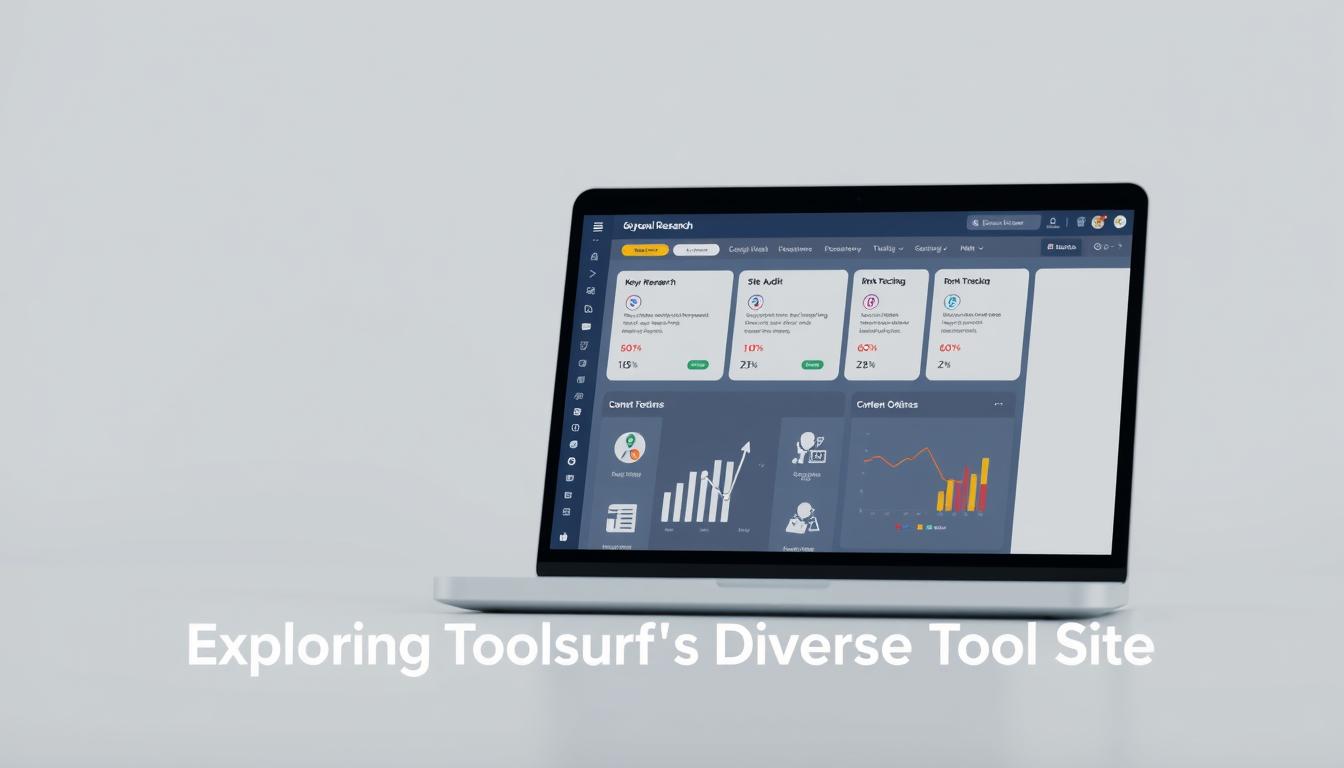 a professional, sleek, and intuitive suite of search engine optimization (SEO) tools, showcasing a clean and minimalist user interface with a focus on key functionalities. The foreground features a laptop display showcasing the diverse set of tools, including keyword research, site auditing, rank tracking, and content optimization. The middle ground highlights stylized icons and visualizations representing the suite's capabilities, while the background creates a sense of depth with a soft, blurred gradient in calming, monochromatic tones. The overall scene conveys a sense of efficiency, productivity, and technological sophistication, suitable for the "Exploring Toolsurf's Diverse Tool Suite" section. Alt-text: A professional suite of SEO tools