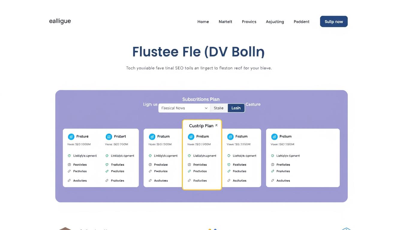 a professional, stylish website layout with a minimalist design showcasing flexible SEO tool plans. The layout has a clean, modern aesthetic with plenty of white space and a focus on bold typography and clean iconography. The foreground features a grid of subscription plan options with clear pricing and feature details. The middle ground depicts customizable plan options, allowing users to easily select and adjust their preferred plan. The background has a subtle pattern or texture that adds visual interest without distracting from the main content. The overall mood is sophisticated, efficient, and user-friendly, conveying the reliable and flexible nature of the SEO tool plans.