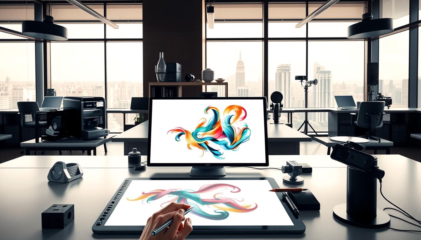 a sleek, modern office setting with various AI art and image generation tools prominently displayed on desks and shelves. The foreground features a cutting-edge graphics tablet, a high-resolution monitor displaying a digital art canvas, and a stylus in hand, capturing the creative process. The middle ground showcases a 3D printer, a camera with a telephoto lens, and a microphone, representing the diverse capabilities of the AI tools. The background depicts large windows overlooking a bustling city skyline, conveying a sense of innovation and technological advancement. The lighting is soft and warm, creating a productive and inspirational atmosphere. The overall scene conveys the power and versatility of AI-driven art and image creation tools.