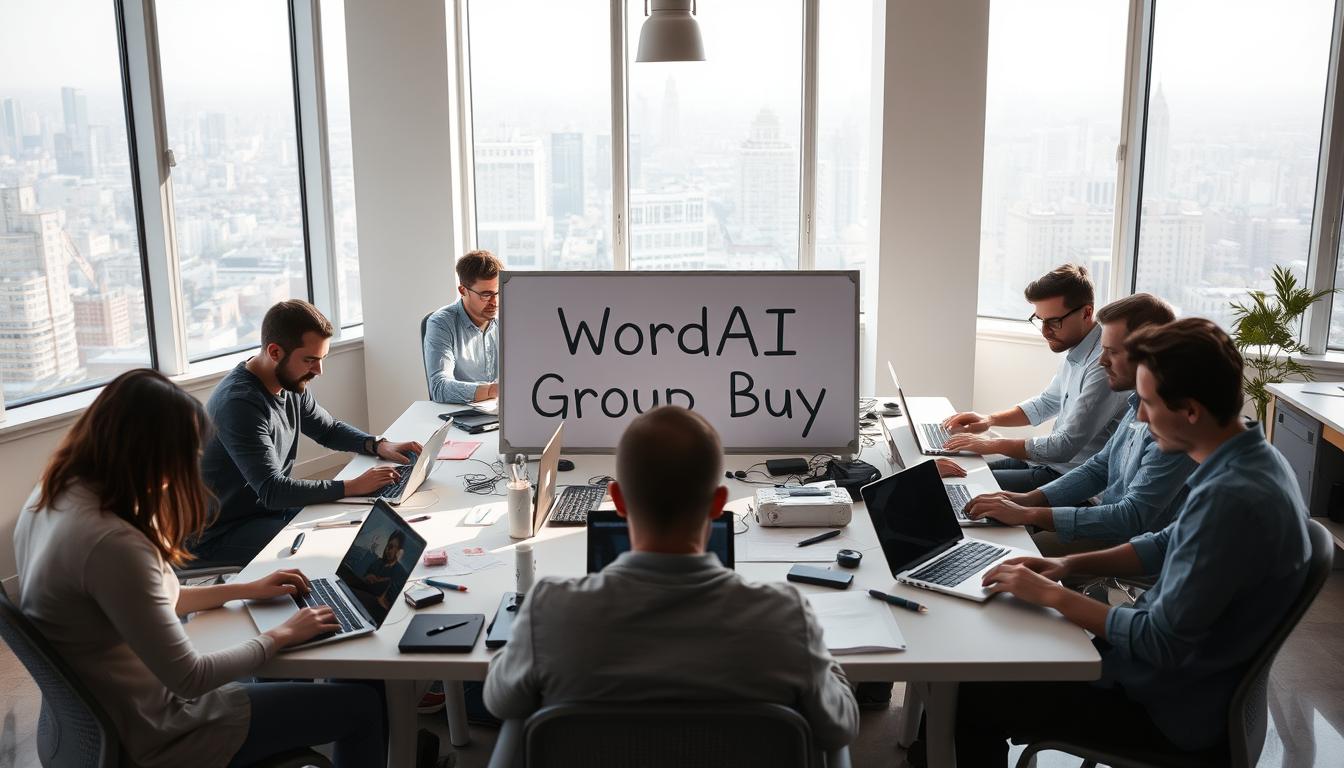 a studio photograph of a group of people sitting around a table in a bright, airy room, with large windows overlooking a cityscape in the background. The people are all intently focused on their laptops, surrounded by office supplies and various technological devices. The lighting is soft and natural, creating a warm, productive atmosphere. In the center of the table, there is a large whiteboard with the words "WordAI Group Buy" written on it in bold letters. The overall scene conveys a sense of collaboration, productivity, and the excitement of a group working together towards a shared goal.
