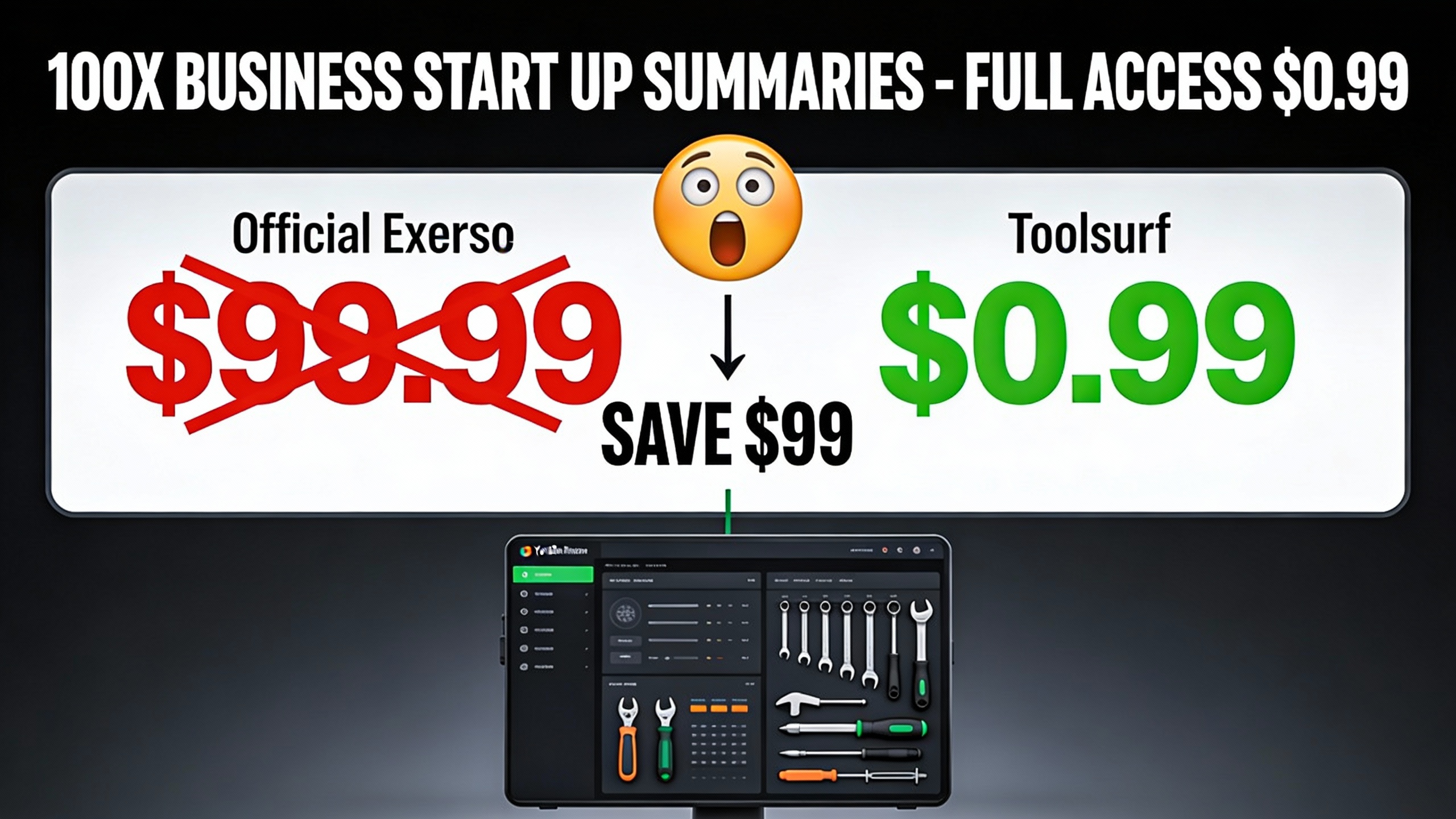 YouTube thumbnail marketing style. Bold white text "100X BUSINESS START UP SUMMARIES - FULL ACCESS $