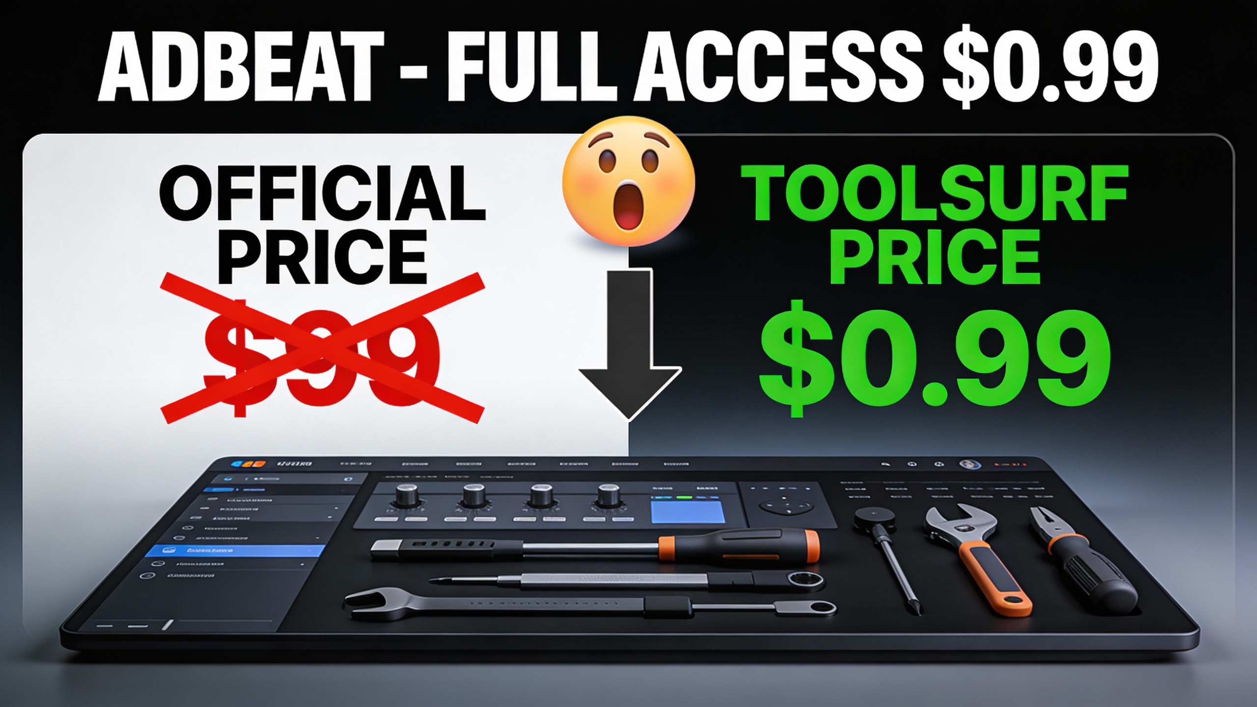 YouTube thumbnail marketing style. Bold white text "ADBEAT - FULL ACCESS $0.99".
Split scree