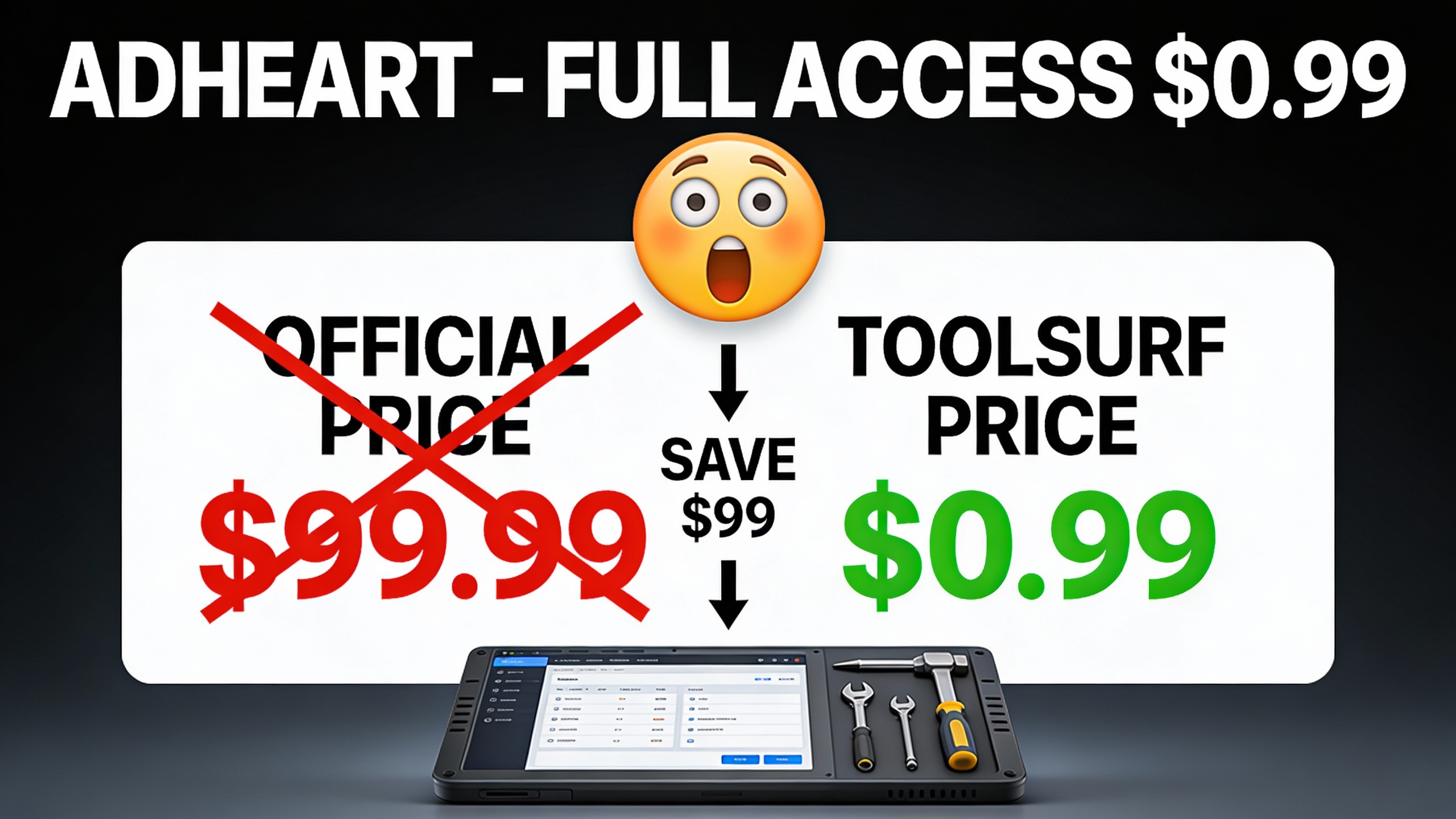 YouTube thumbnail marketing style. Bold white text "ADHEART - FULL ACCESS $0.99".
Split scre