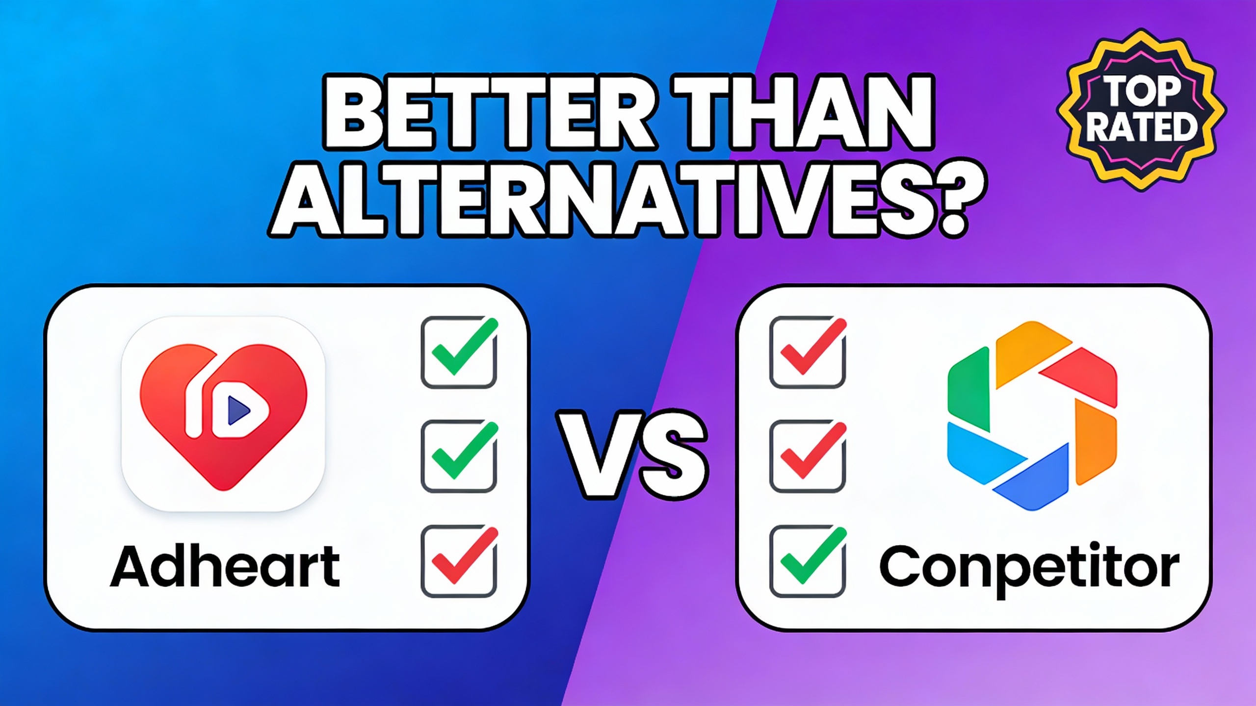 YouTube thumbnail marketing style. Bold text "BETTER THAN ALTERNATIVES?"
Adheart icon vs com