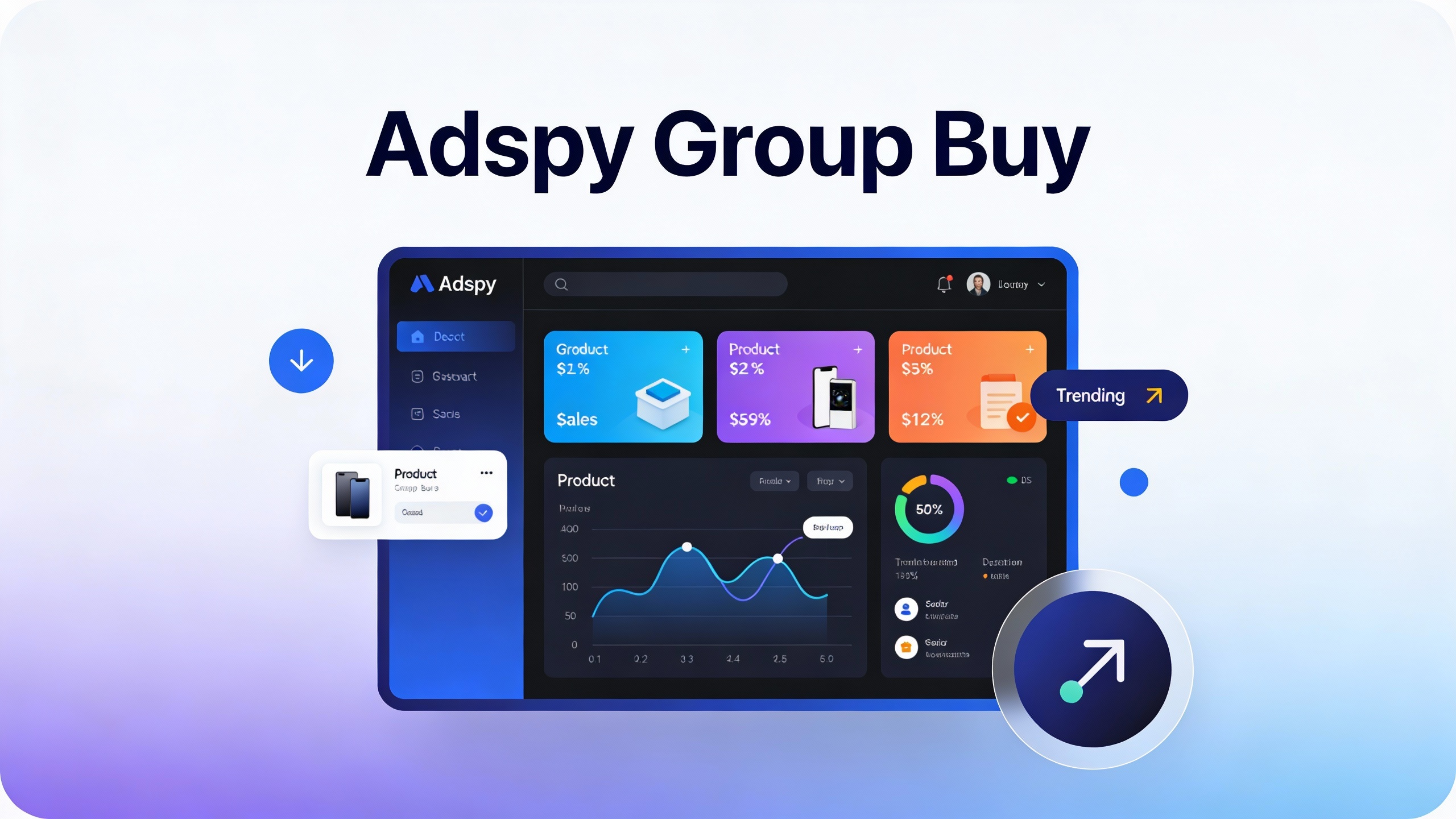 Digital dashboard showing Adspy Group Buy interface with product cards, sales graphs, and trending indicators. Modern SaaS aesthetic with purple-blue gradients.