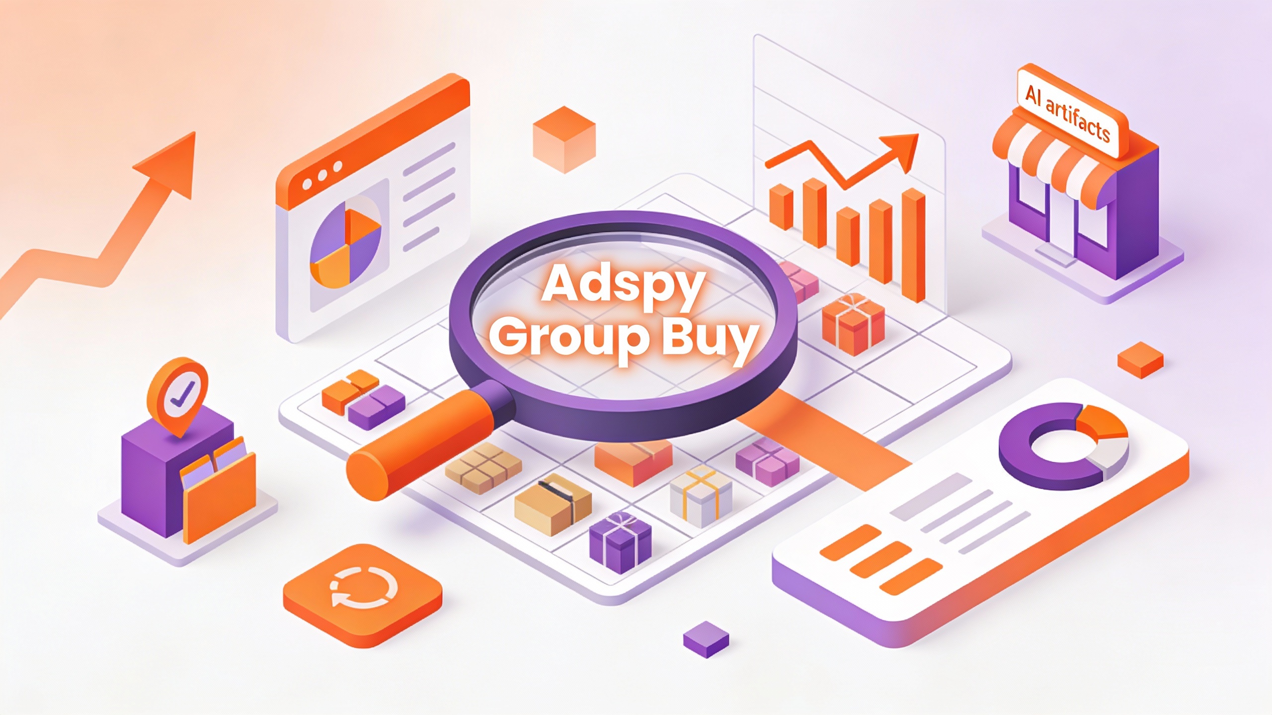 Isometric illustration of e-commerce research workflow: magnifying glass over product grid, trending arrow graphs, competitor store icons. Vibrant orange-purple scheme.