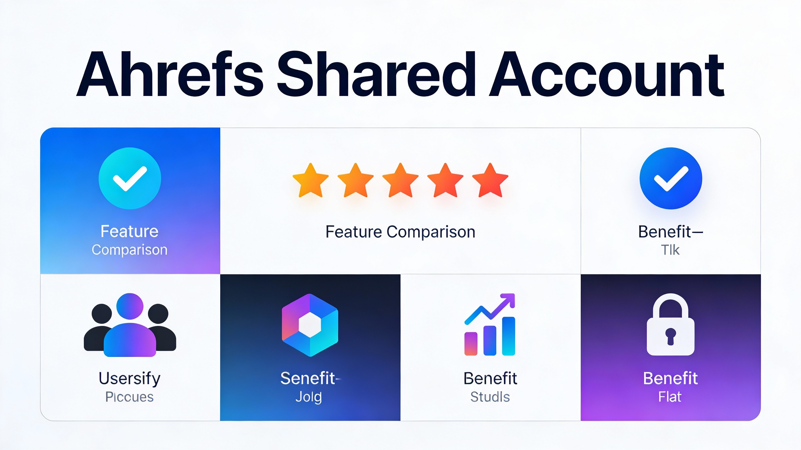 Feature comparison grid for Ahrefs Shared Account with checkmarks, star ratings, and benefit icons in modern flat design. Multi-color accent scheme.