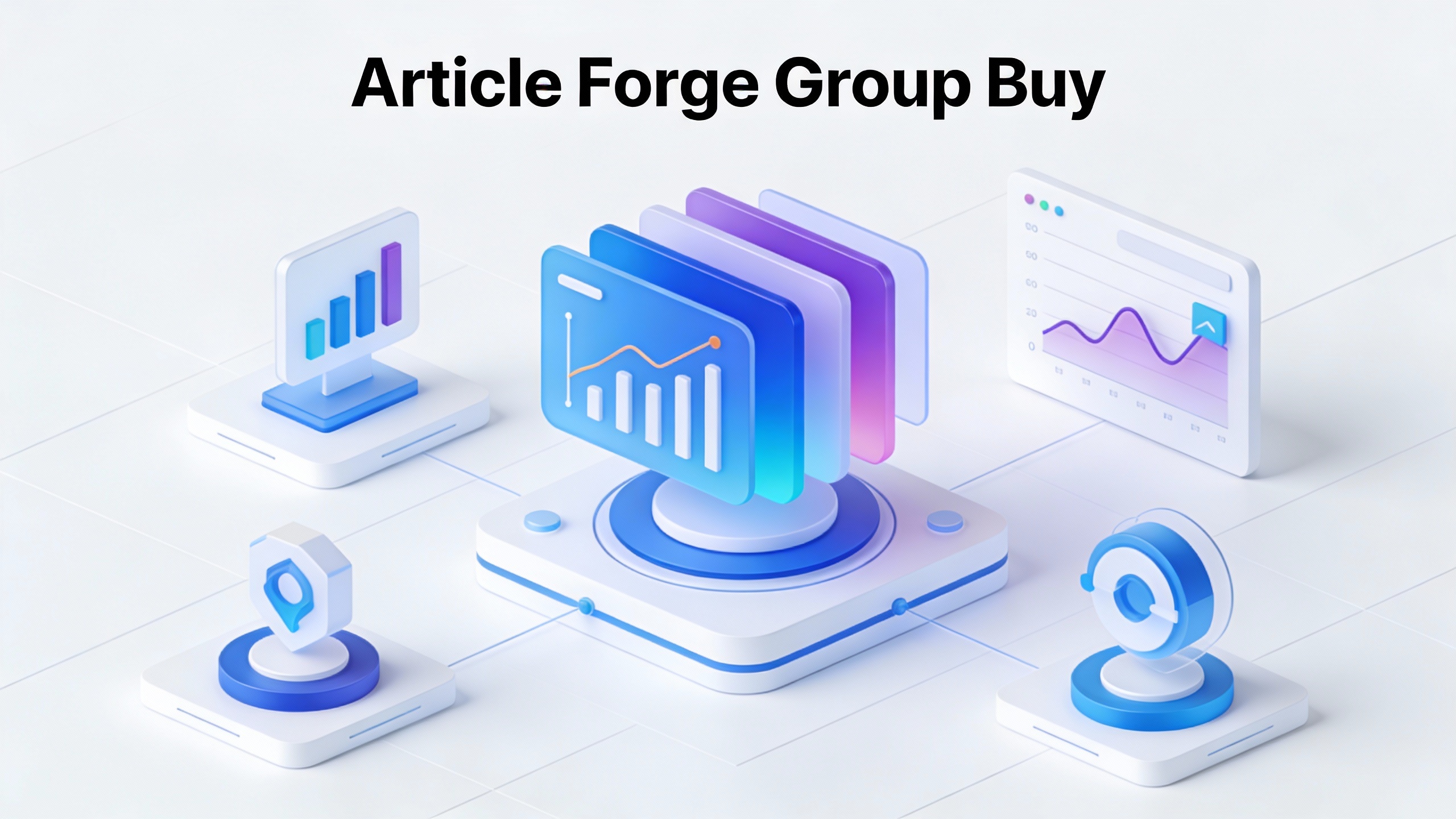 Modern tech platform interface for Article Forge Group Buy with clean UI elements, data visualizations, and workflow icons. Minimalist vector style.