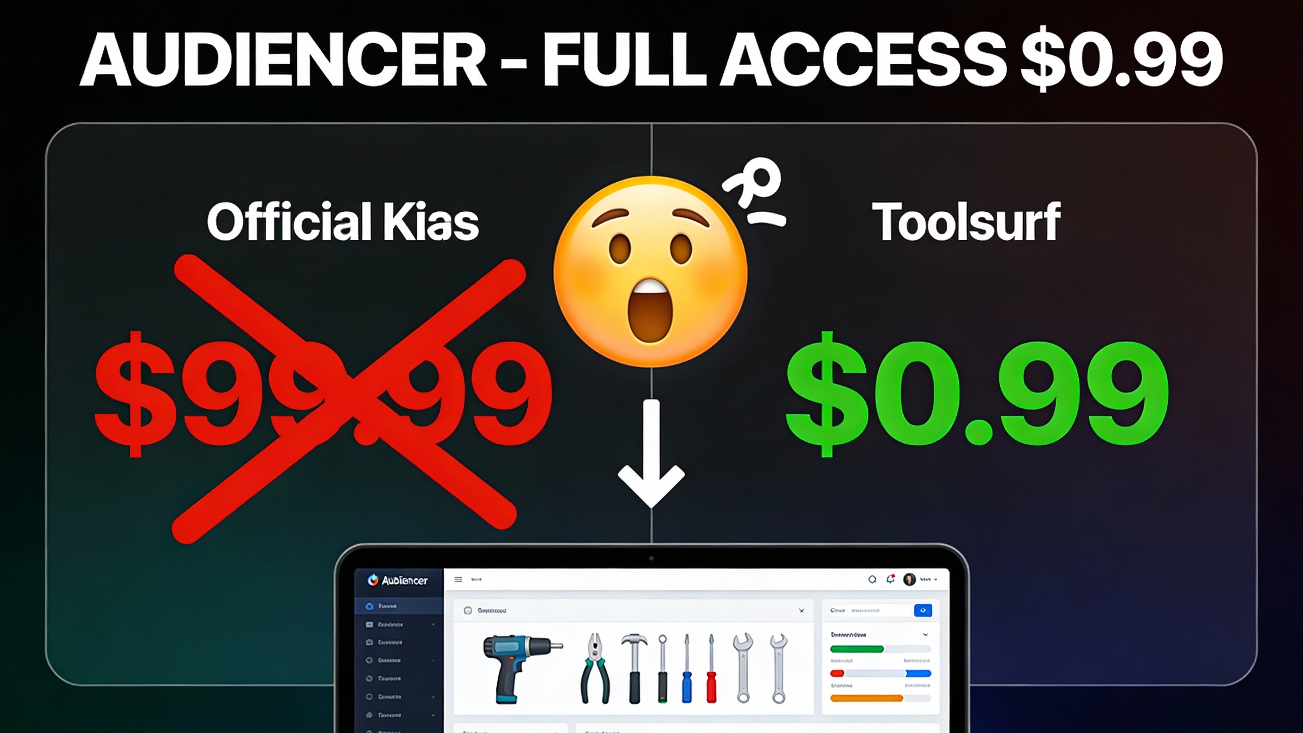 YouTube thumbnail marketing style. Bold white text "AUDIENCER - FULL ACCESS $0.99".
Split sc