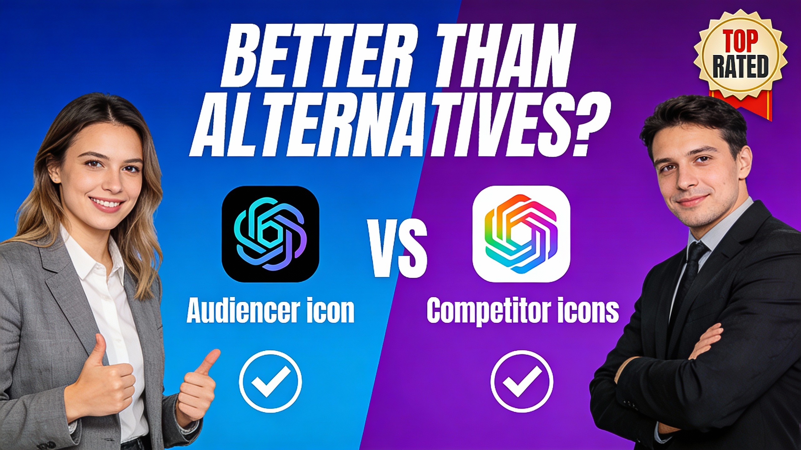 YouTube thumbnail marketing style. Bold text "BETTER THAN ALTERNATIVES?"
Audiencer icon vs c