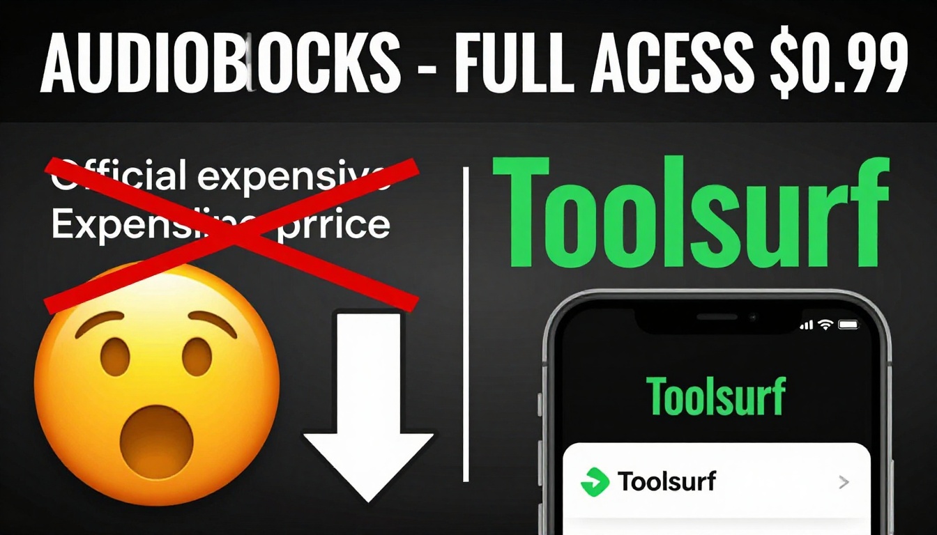 YouTube thumbnail marketing style. Bold white text "AUDIOBLOCKS - FULL ACCESS $0.99".
Split