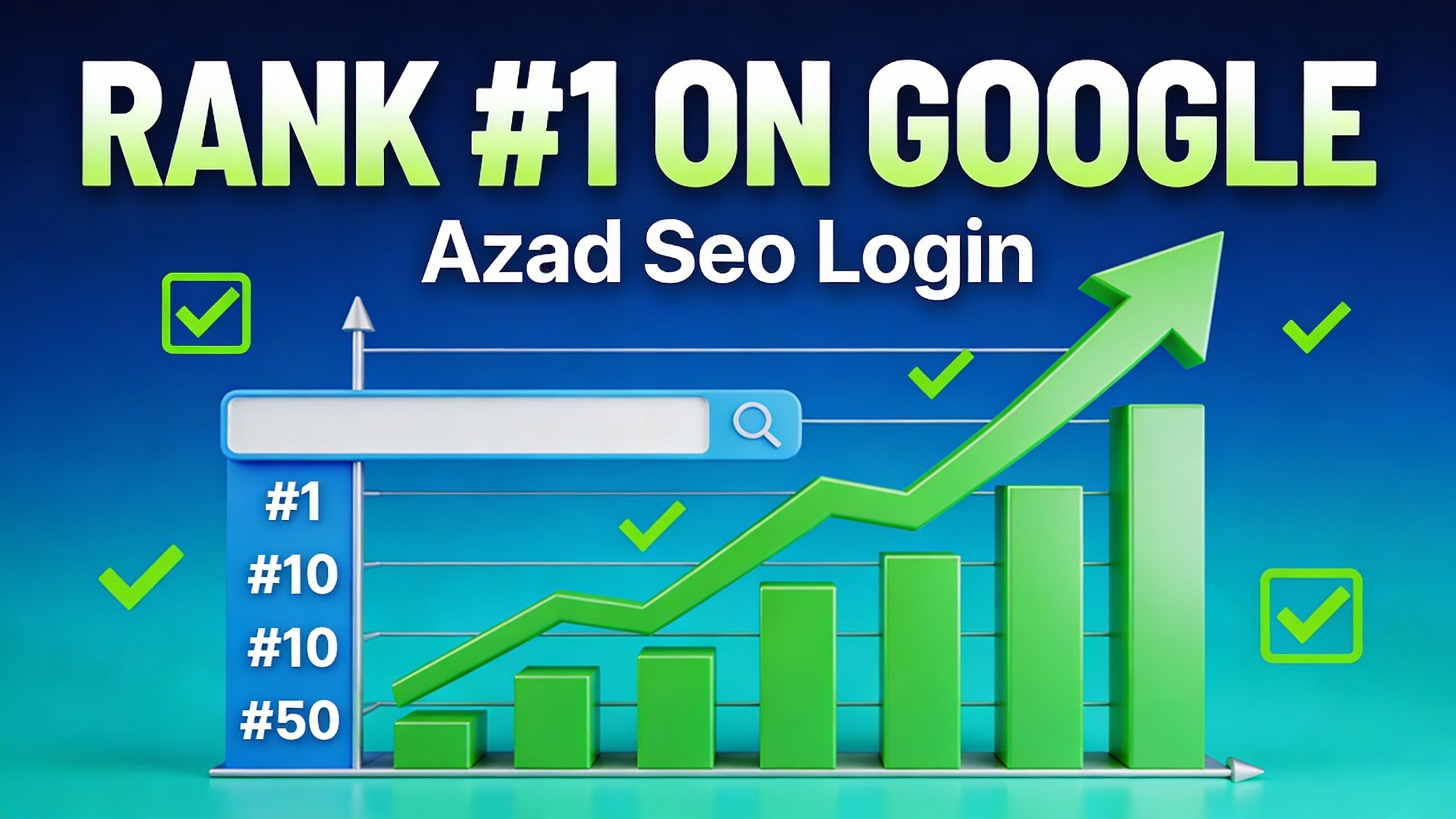 YouTube thumbnail marketing style. Bold text "RANK #1 ON GOOGLE" with Azad Seo Login.
SEO gr