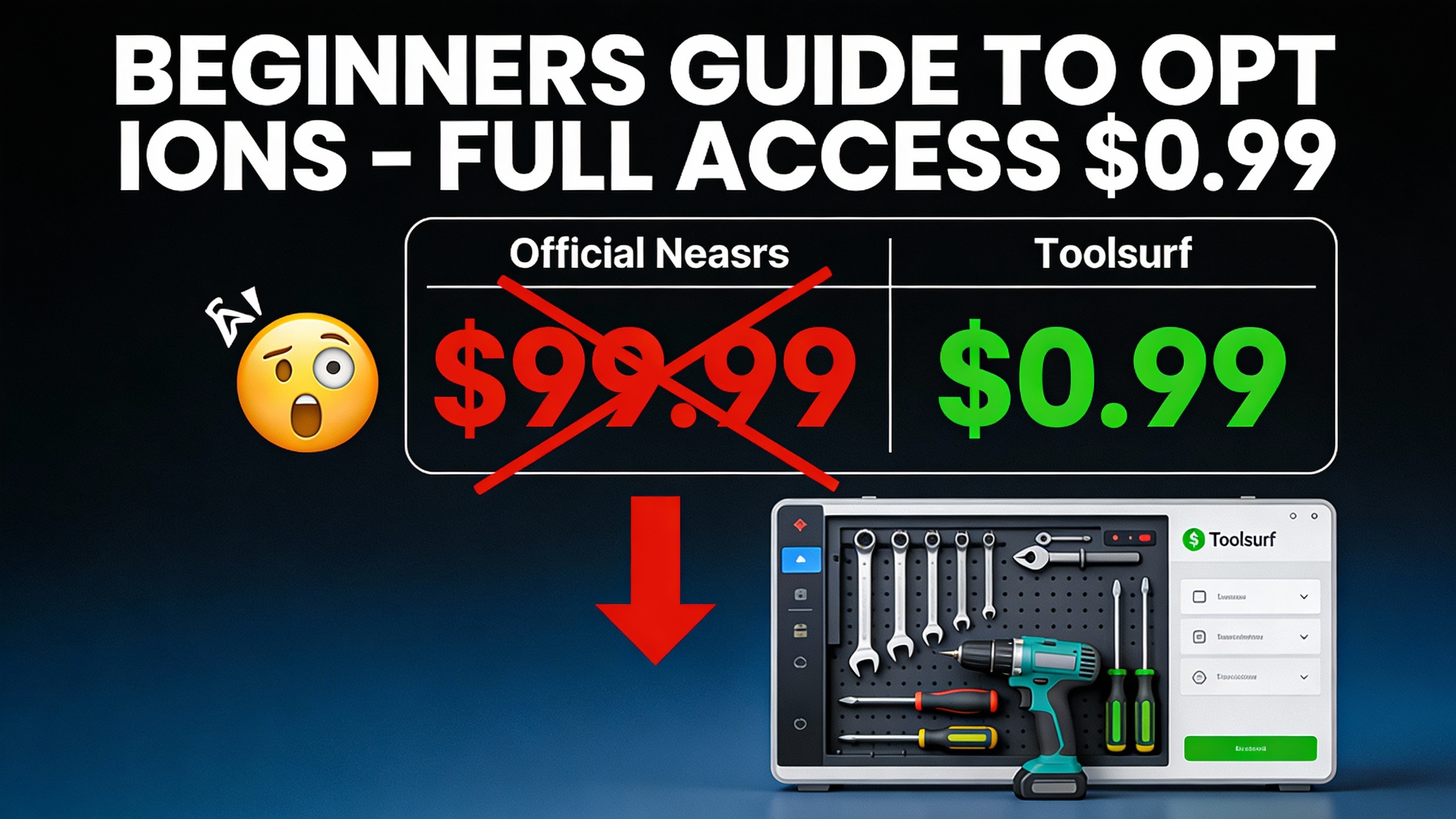 YouTube thumbnail marketing style. Bold white text "BEGINNERS GUIDE TO OPTIONS - FULL ACCESS $0.99".