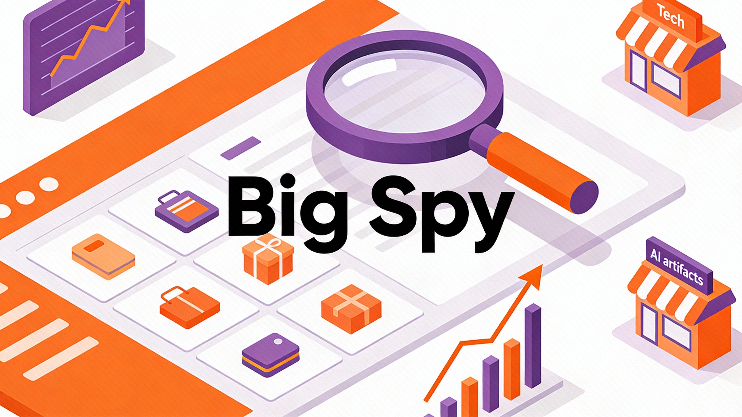 Isometric illustration of e-commerce research workflow: magnifying glass over product grid, trending arrow graphs, competitor store icons. Vibrant orange-purple scheme.