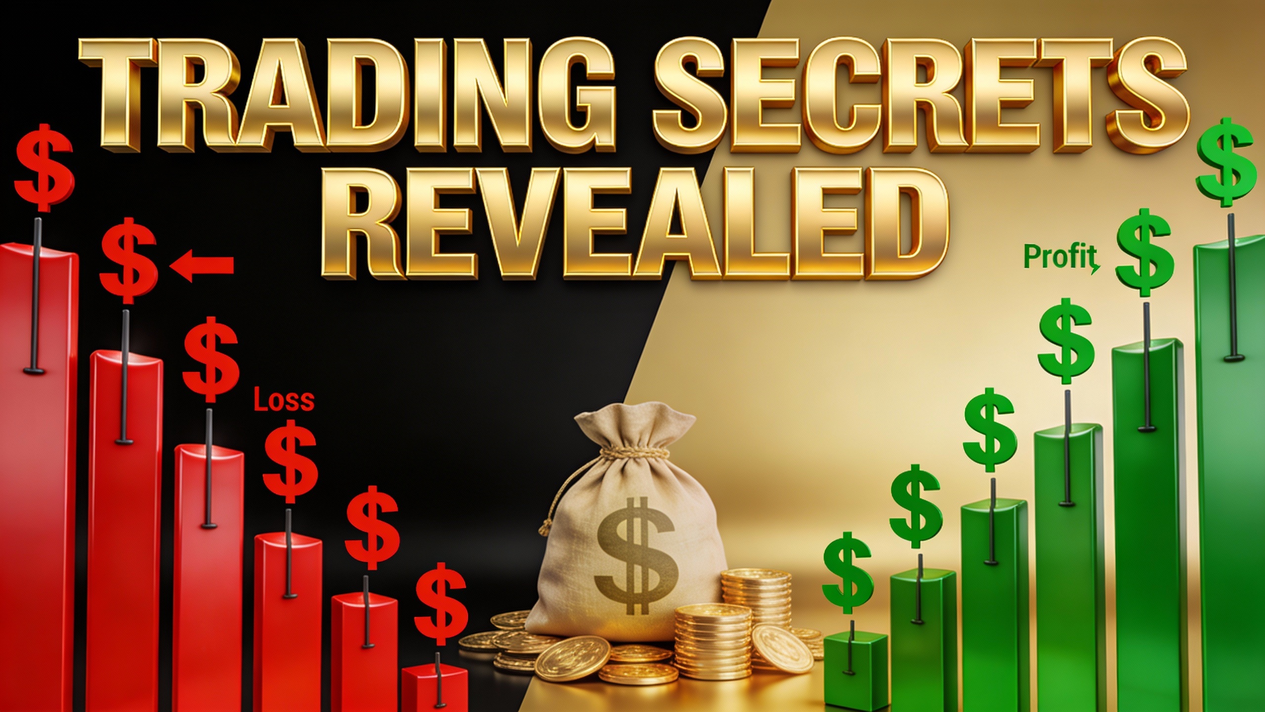 YouTube thumbnail marketing style. Bold gold text "TRADING SECRETS REVEALED".
Stock chart wi