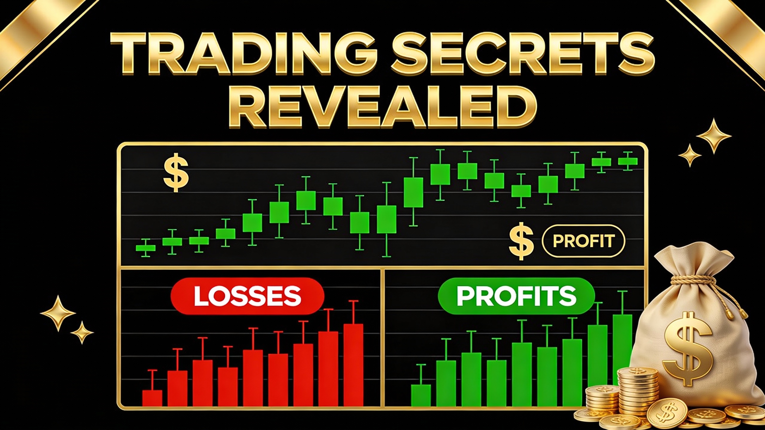 YouTube thumbnail marketing style. Bold gold text "TRADING SECRETS REVEALED".
Stock chart wi