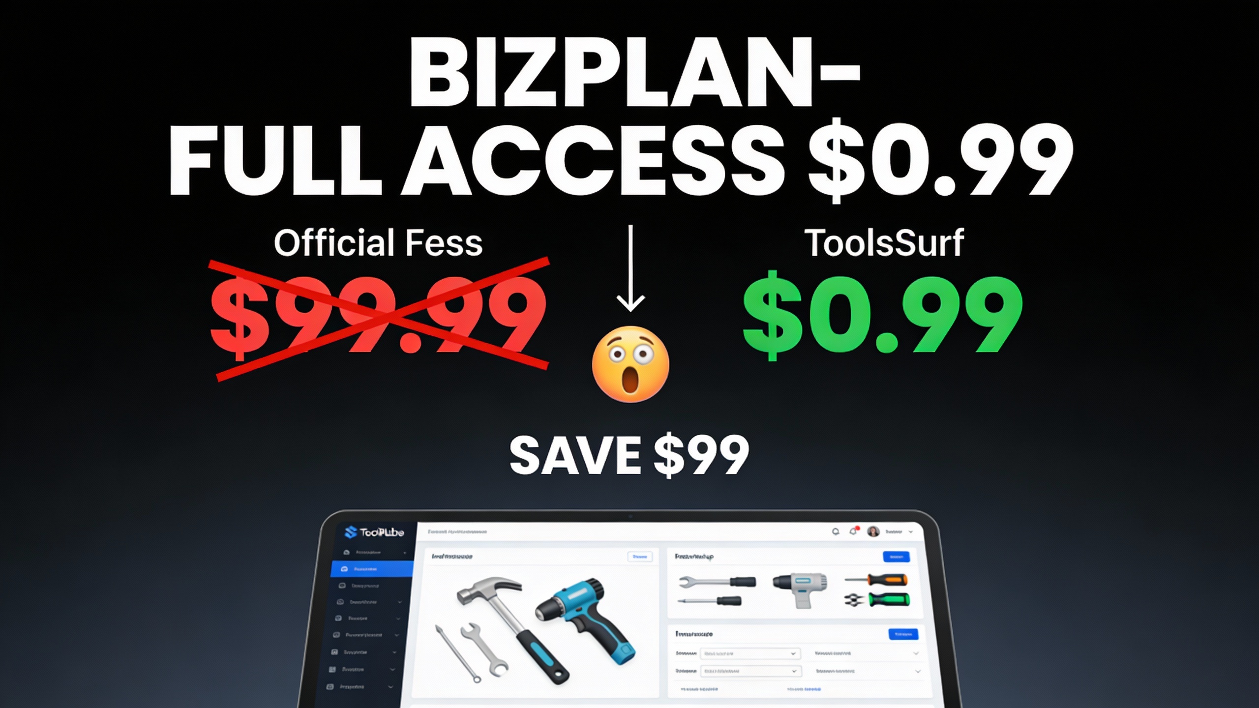 YouTube thumbnail marketing style. Bold white text "BIZPLAN - FULL ACCESS $0.99".
Split scre
