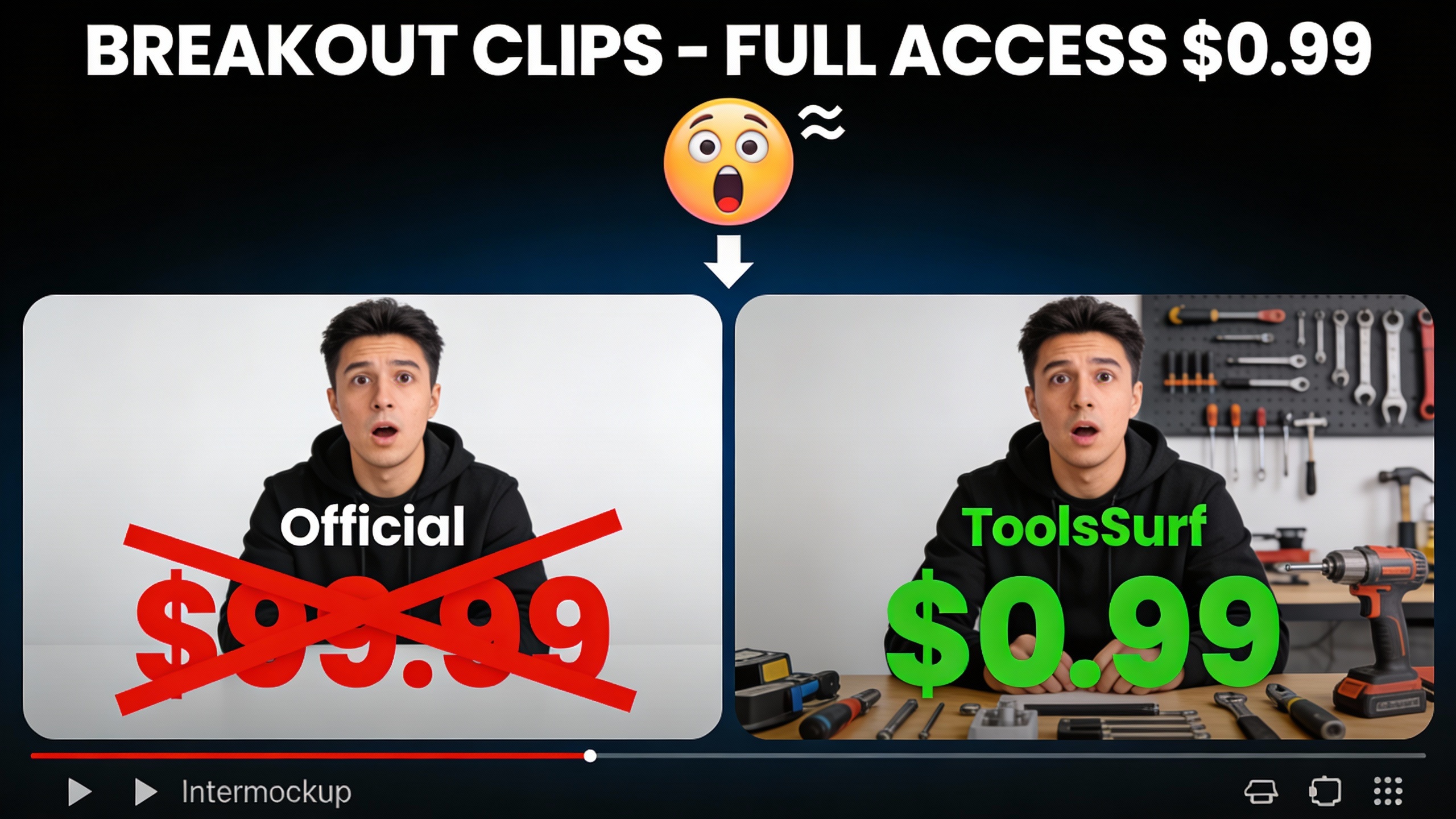 YouTube thumbnail marketing style. Bold white text "BREAKOUT CLIPS - FULL ACCESS $0.99".
Spl