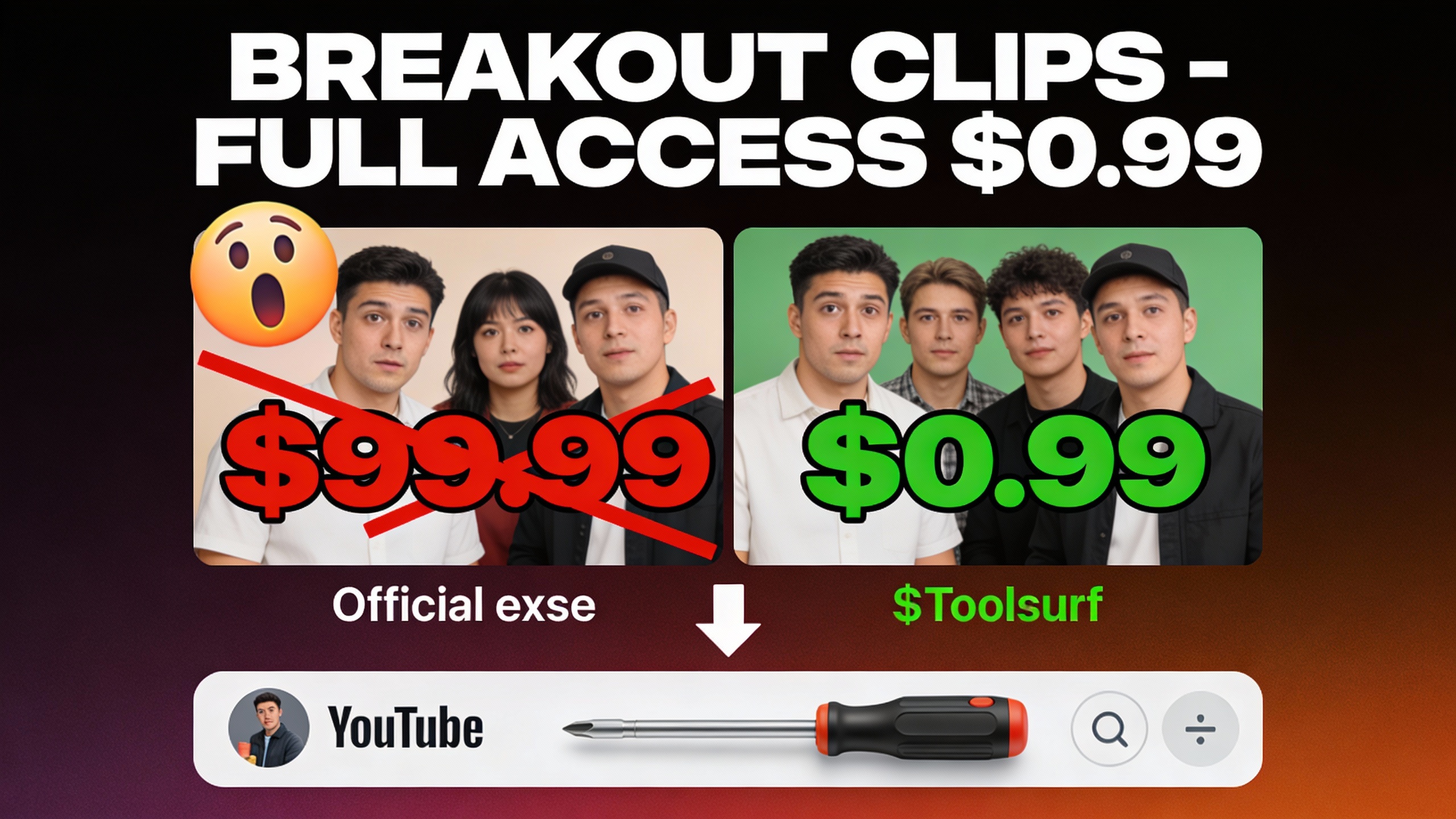 YouTube thumbnail marketing style. Bold white text "BREAKOUT CLIPS - FULL ACCESS $0.99".
Spl
