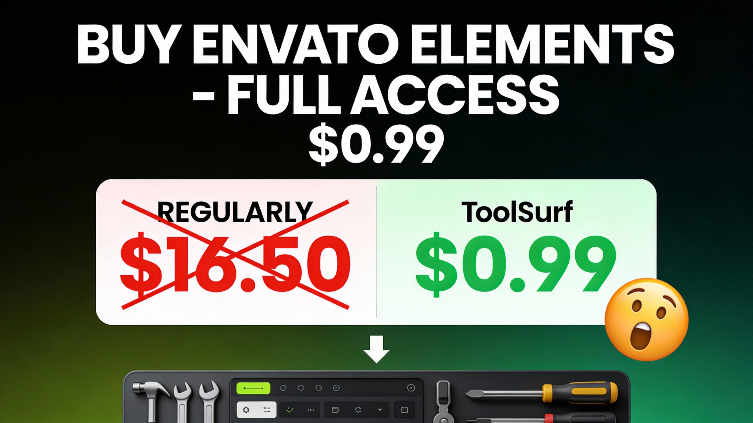 YouTube thumbnail marketing style. Bold white text "BUY ENVATO ELEMENTS - FULL ACCESS $0.99".