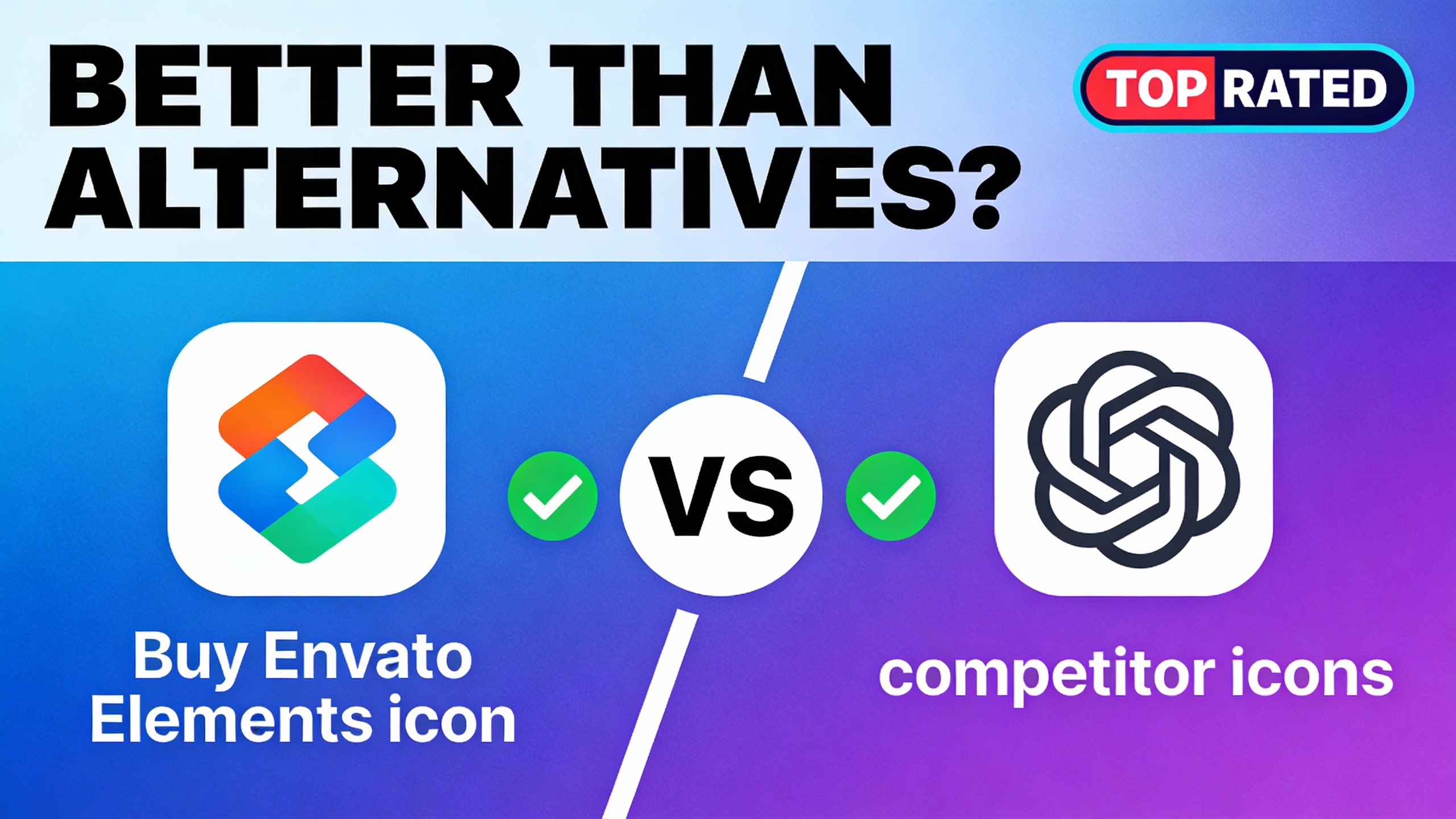 YouTube thumbnail marketing style. Bold text "BETTER THAN ALTERNATIVES?"
Buy Envato Elements