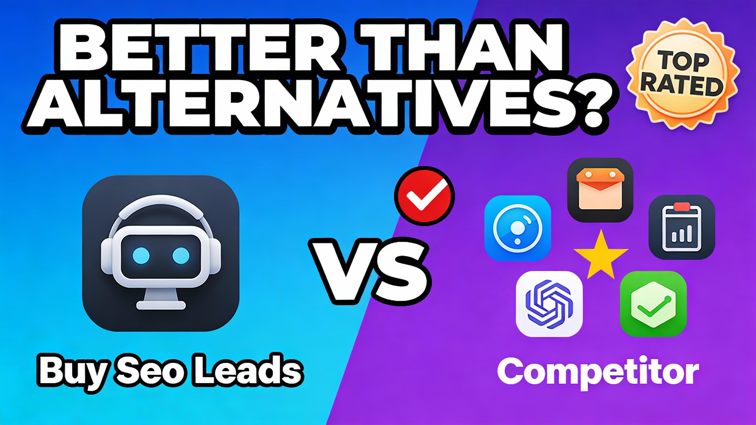 YouTube thumbnail marketing style. Bold text "BETTER THAN ALTERNATIVES?"
Buy Seo Leads icon 