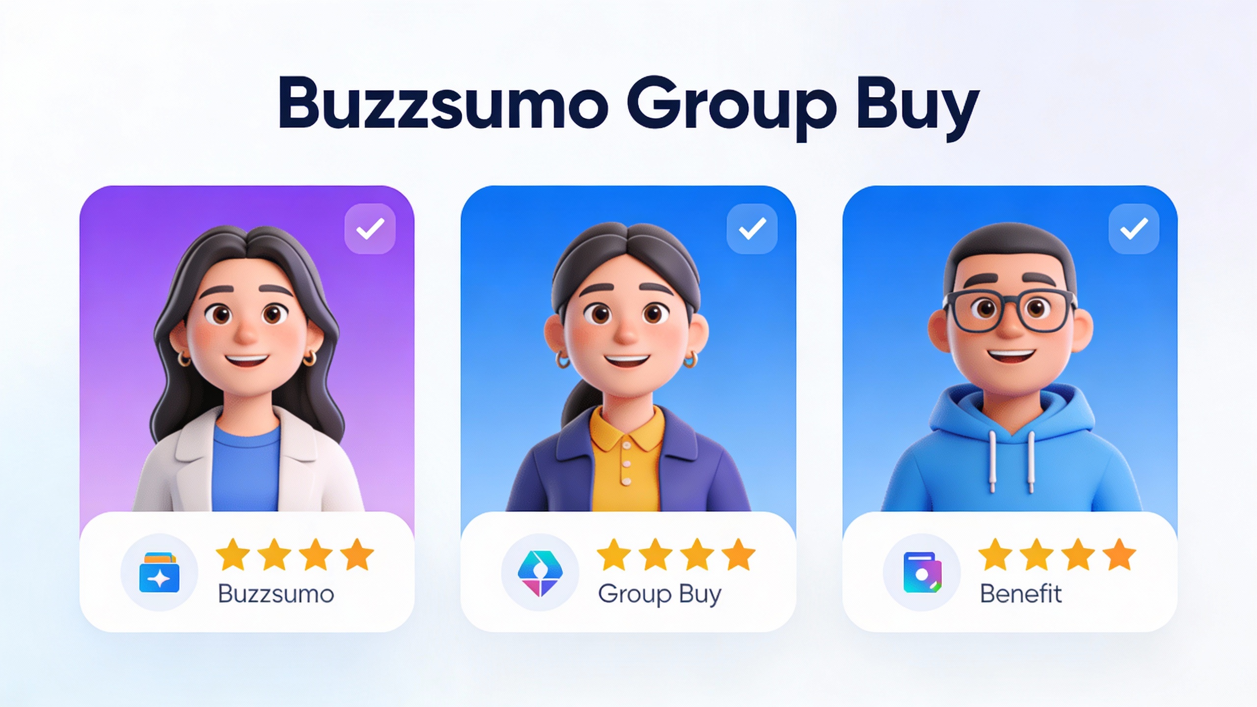 Feature comparison grid for Buzzsumo Group Buy with checkmarks, star ratings, and benefit icons in modern flat design. Multi-color accent scheme.