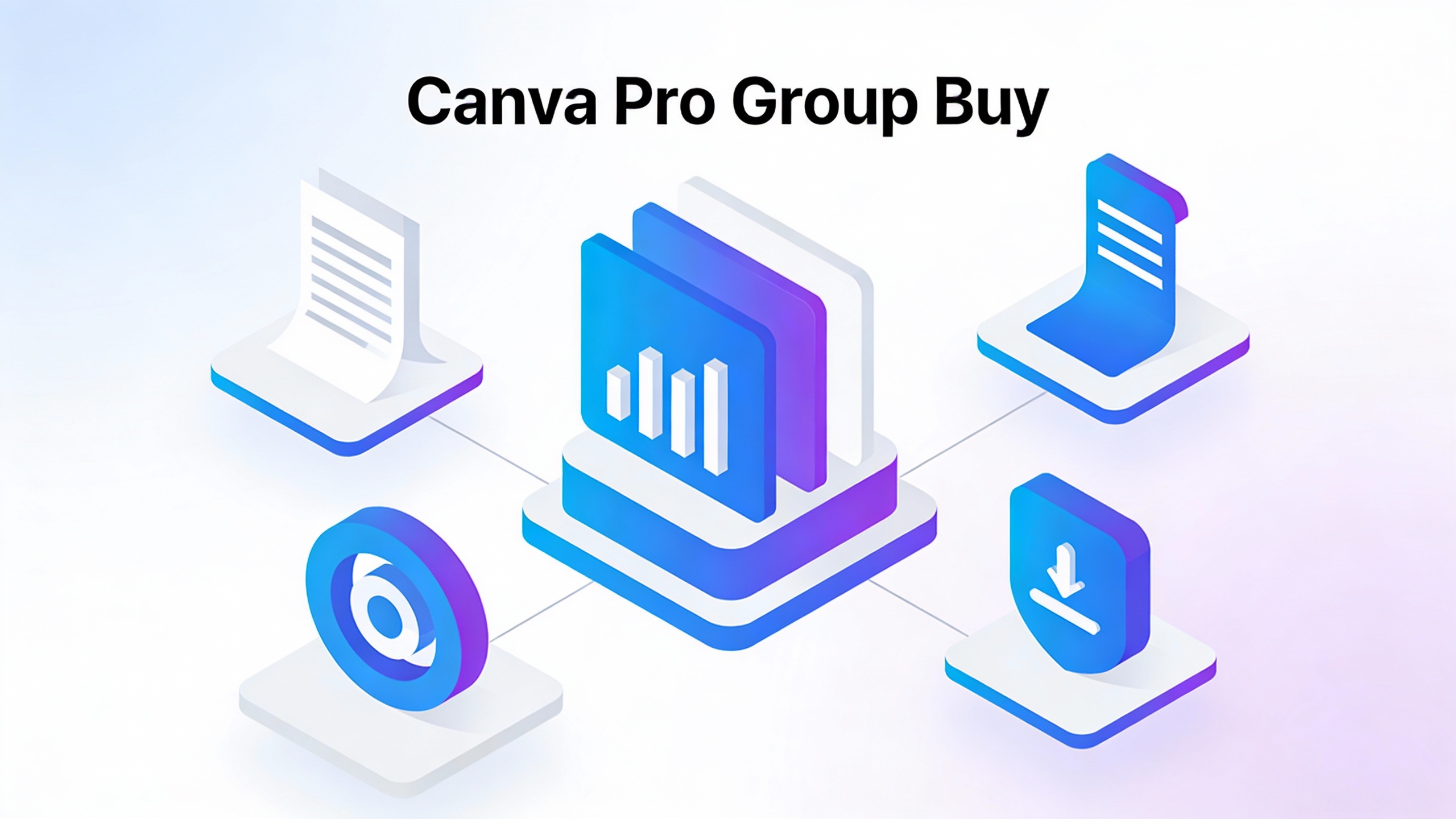 Modern tech platform interface for Canva Pro Group Buy with clean UI elements, data visualizations, and workflow icons. Minimalist vector style.