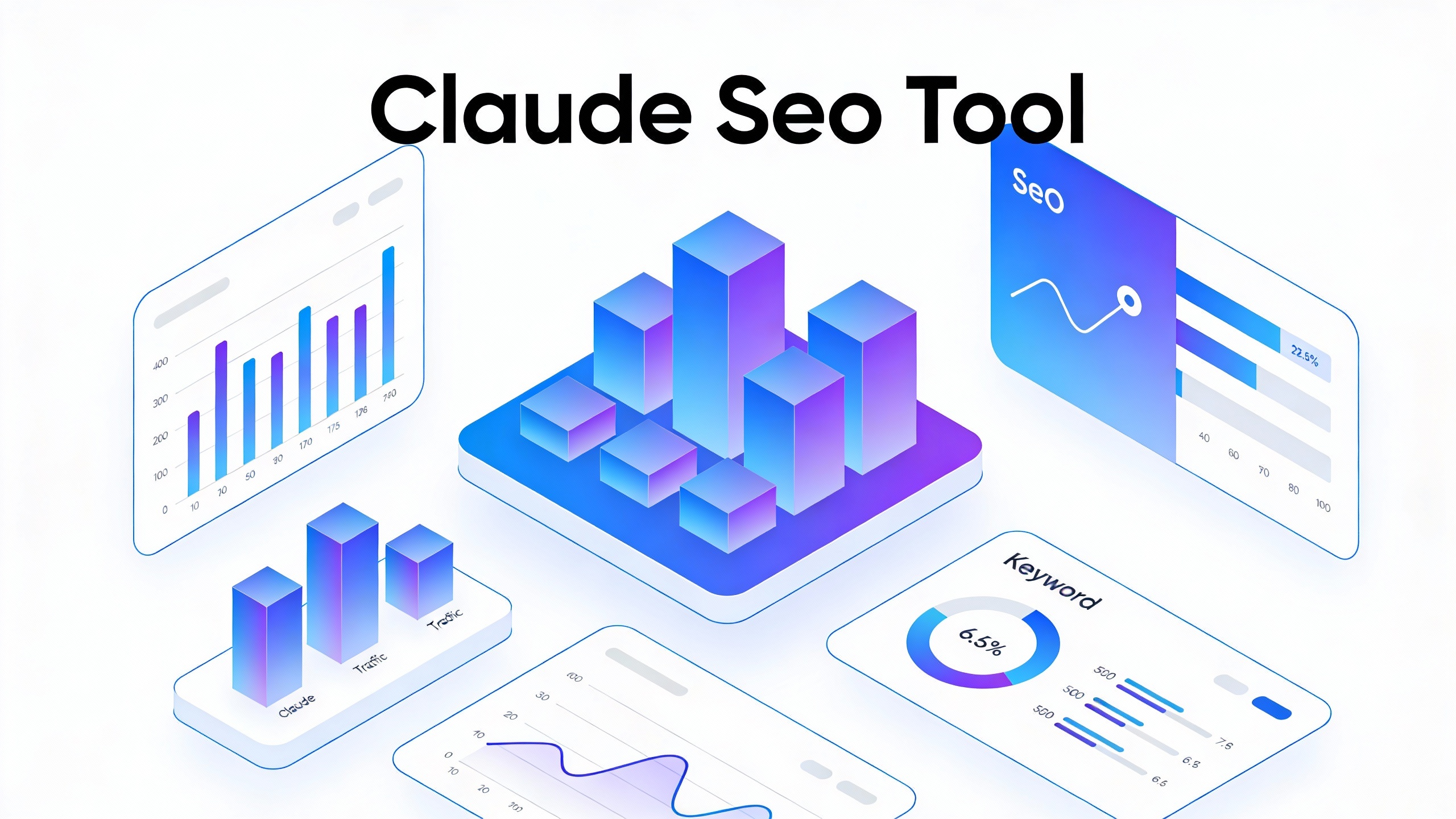 SEO analytics workspace showing Claude Seo Tool metrics, keyword rankings, and traffic charts. Professional gradient design.