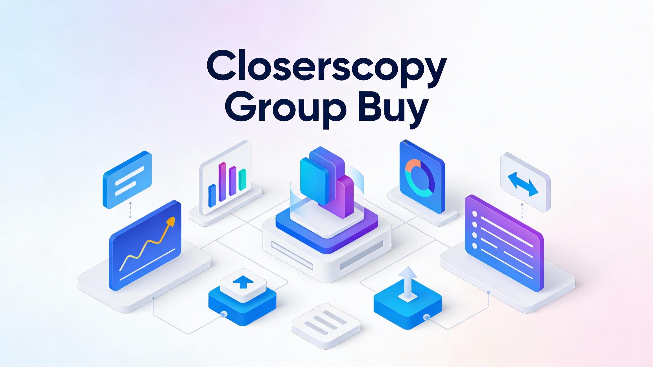 Modern tech platform interface for Closerscopy Group Buy with clean UI elements, data visualizations, and workflow icons. Minimalist vector style.