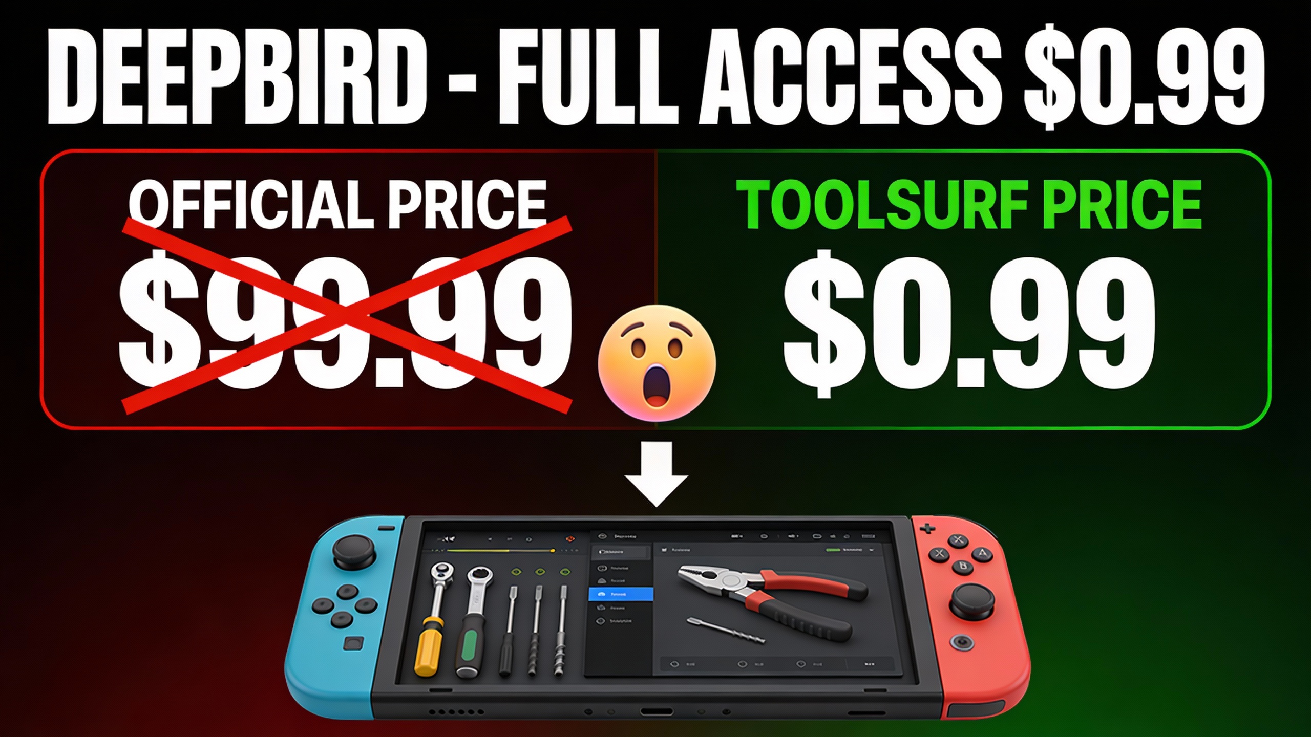 YouTube thumbnail marketing style. Bold white text "DEEPBIRD - FULL ACCESS $0.99".
Split scr