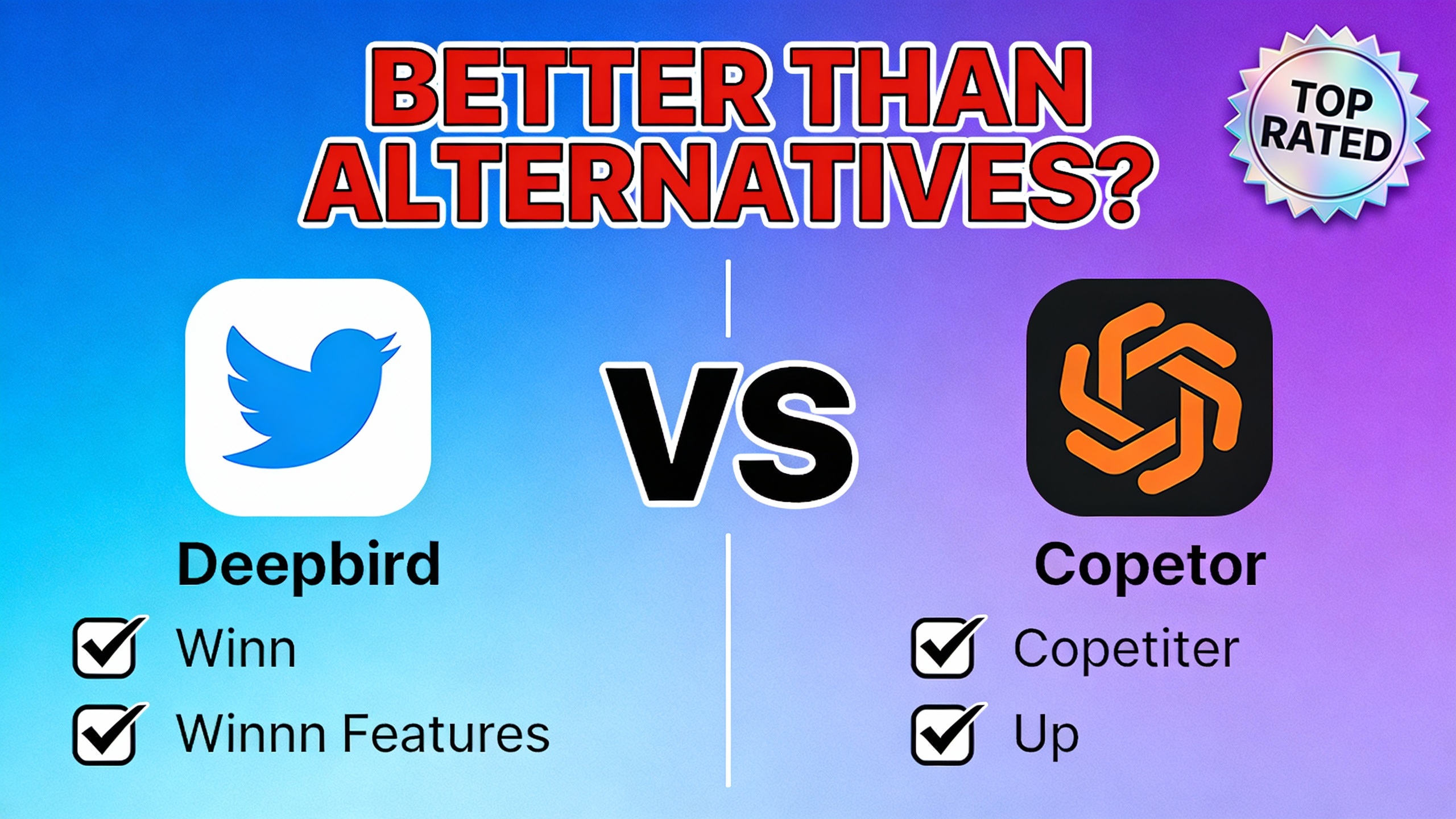 YouTube thumbnail marketing style. Bold text "BETTER THAN ALTERNATIVES?"
Deepbird icon vs co