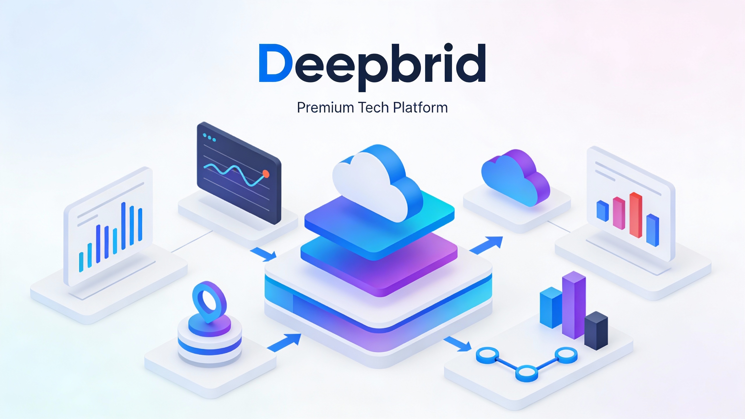 Modern tech platform interface for Deepbrid with clean UI elements, data visualizations, and workflow icons. Minimalist vector style.