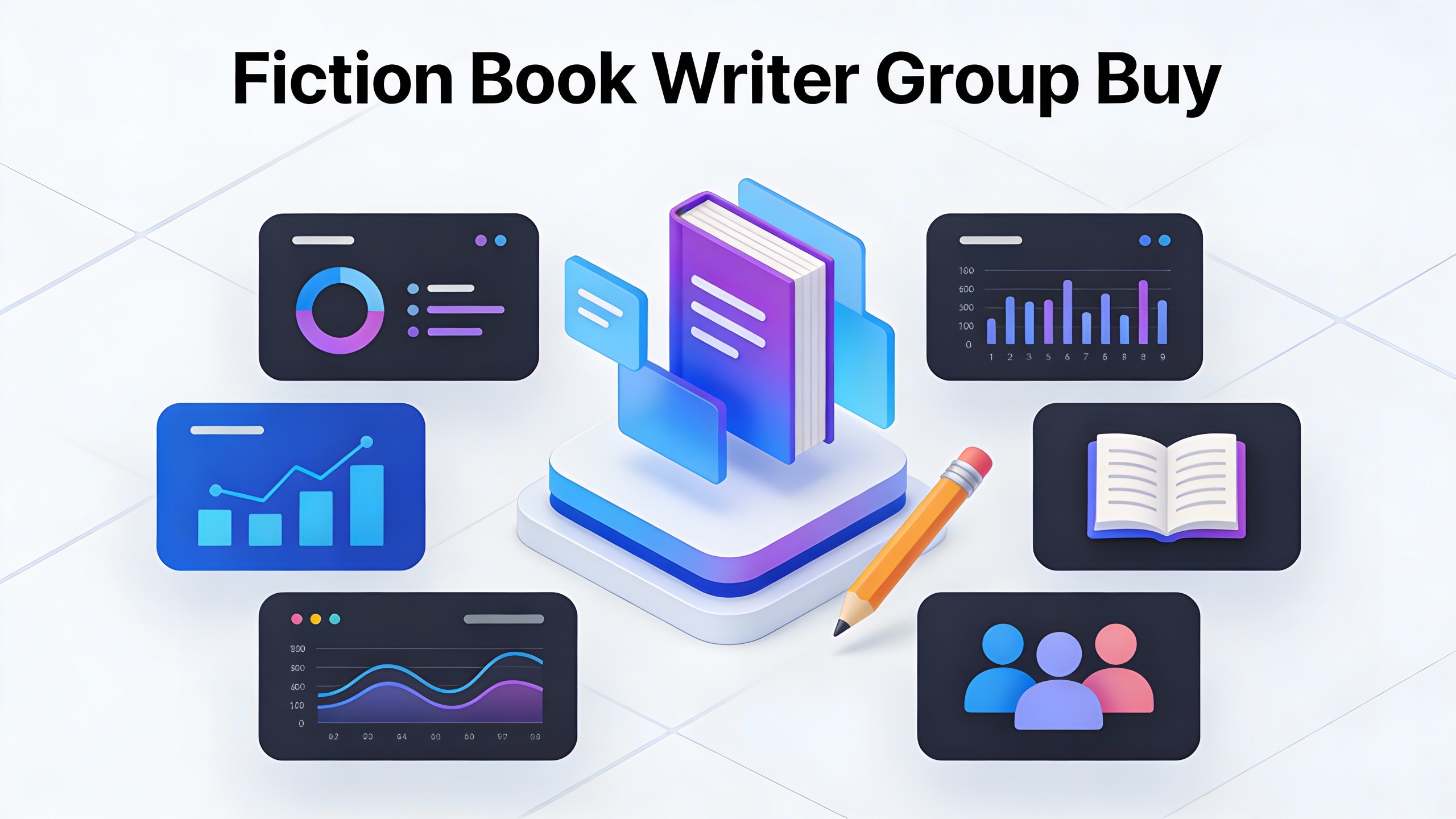 Modern tech platform interface for Fiction Book Writer Group Buy with clean UI elements, data visualizations, and workflow icons. Minimalist vector style.
