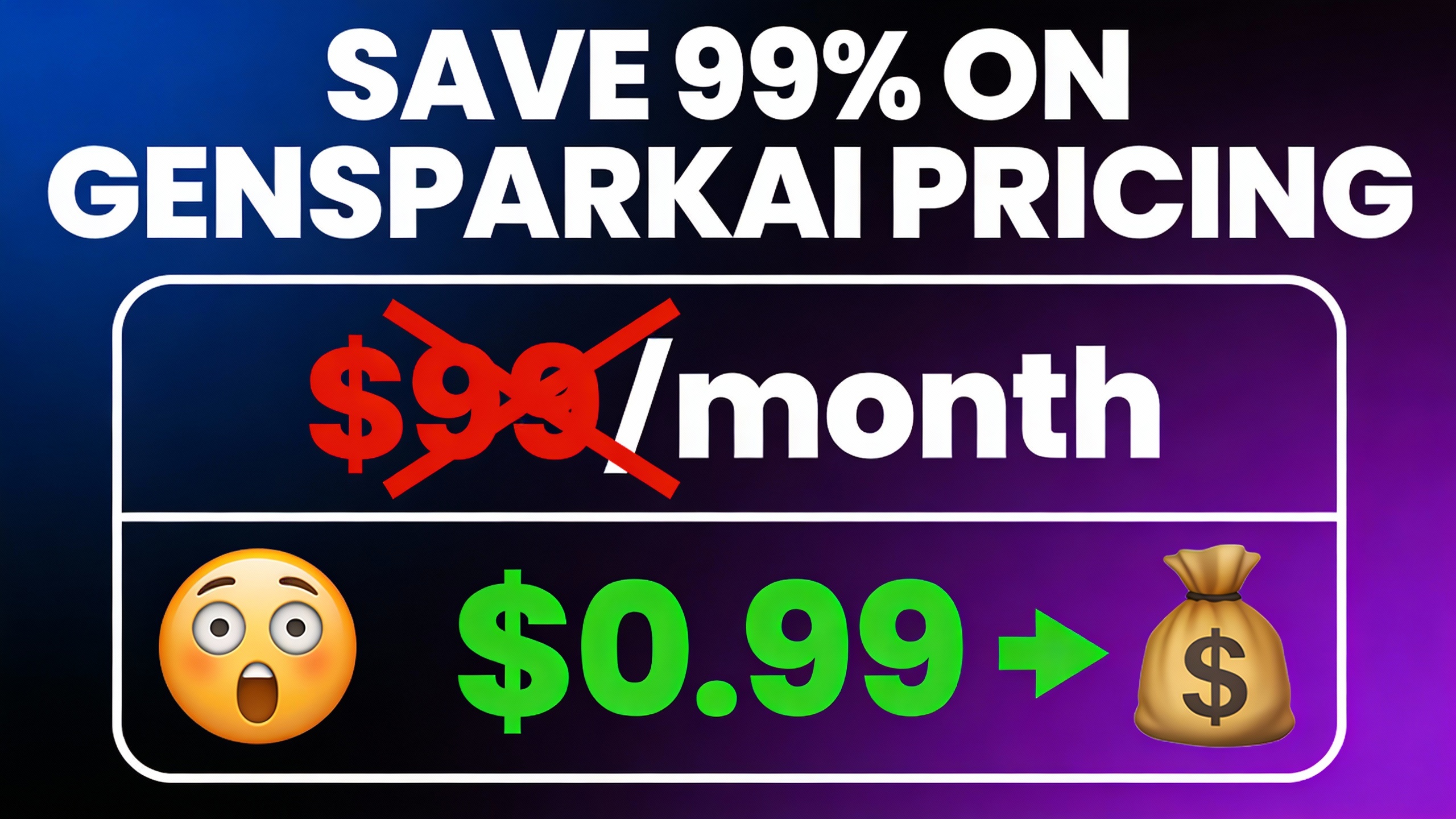 YouTube thumbnail marketing style. Bold white text "SAVE 99% ON GENSPARKAI PRICING".
Split 