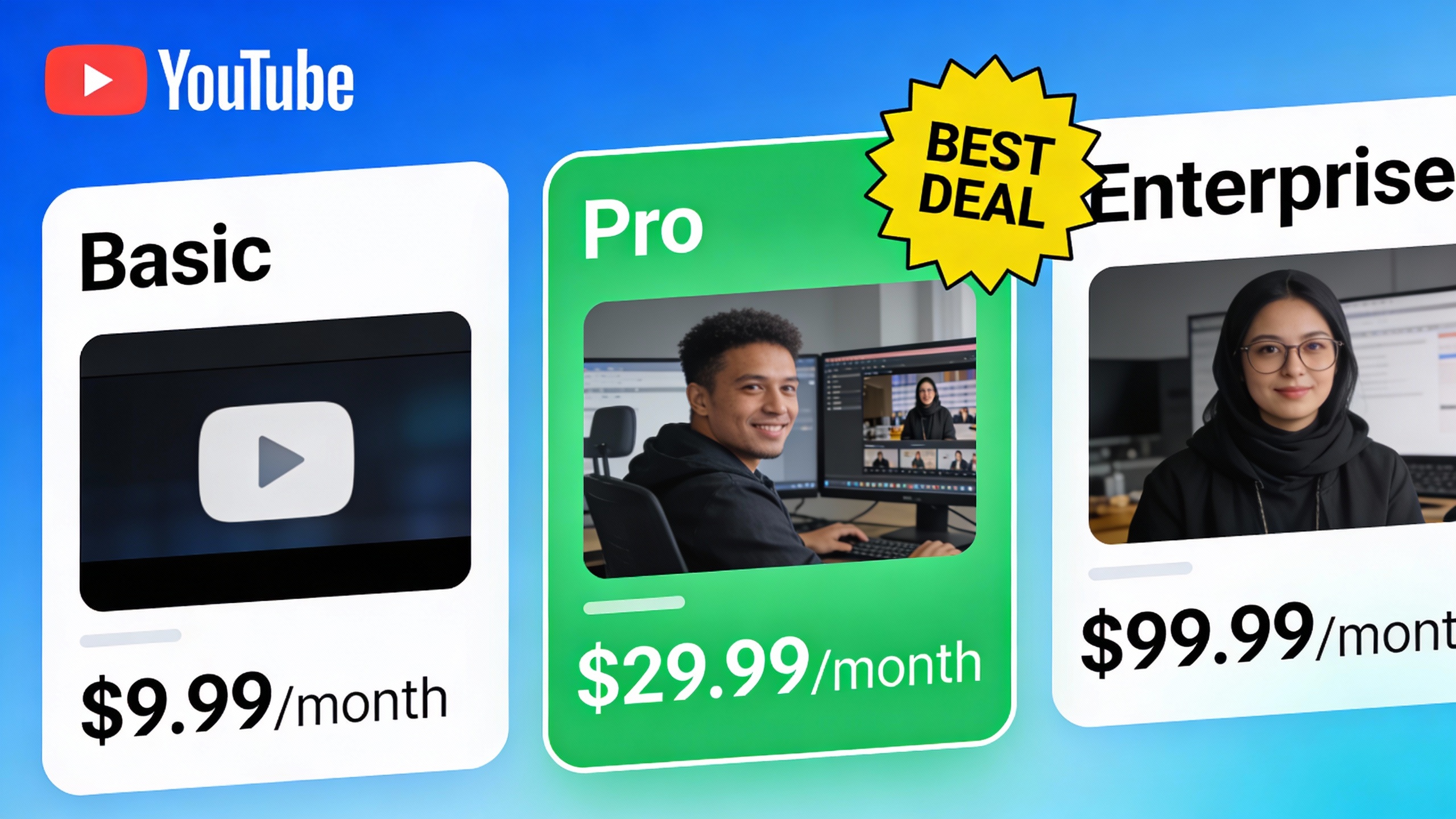 YouTube thumbnail marketing style. Pricing tier comparison visual.
Three pricing boxes: Basi