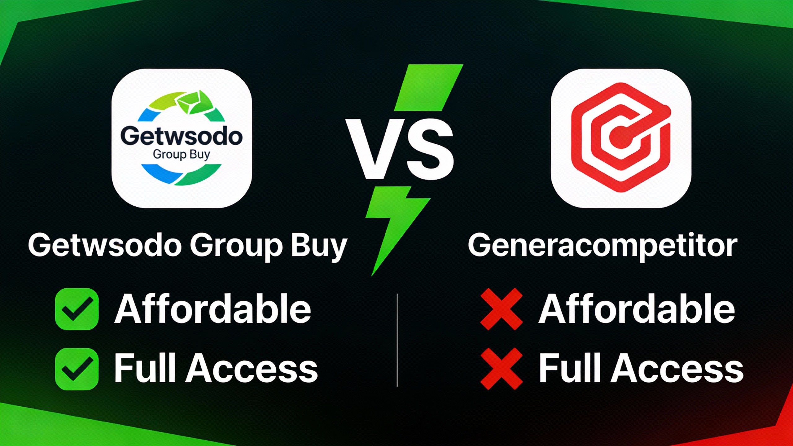 YouTube thumbnail marketing style. "VS" comparison layout.
Getwsodo Group Buy logo/icon on l