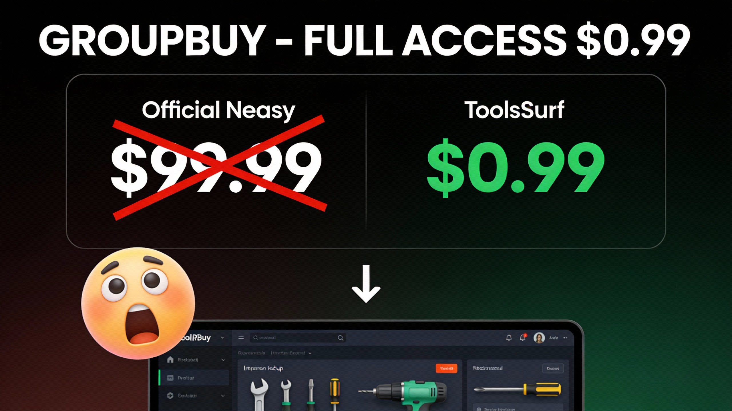 YouTube thumbnail marketing style. Bold white text "GROUPBUY - FULL ACCESS $0.99".
Split scr