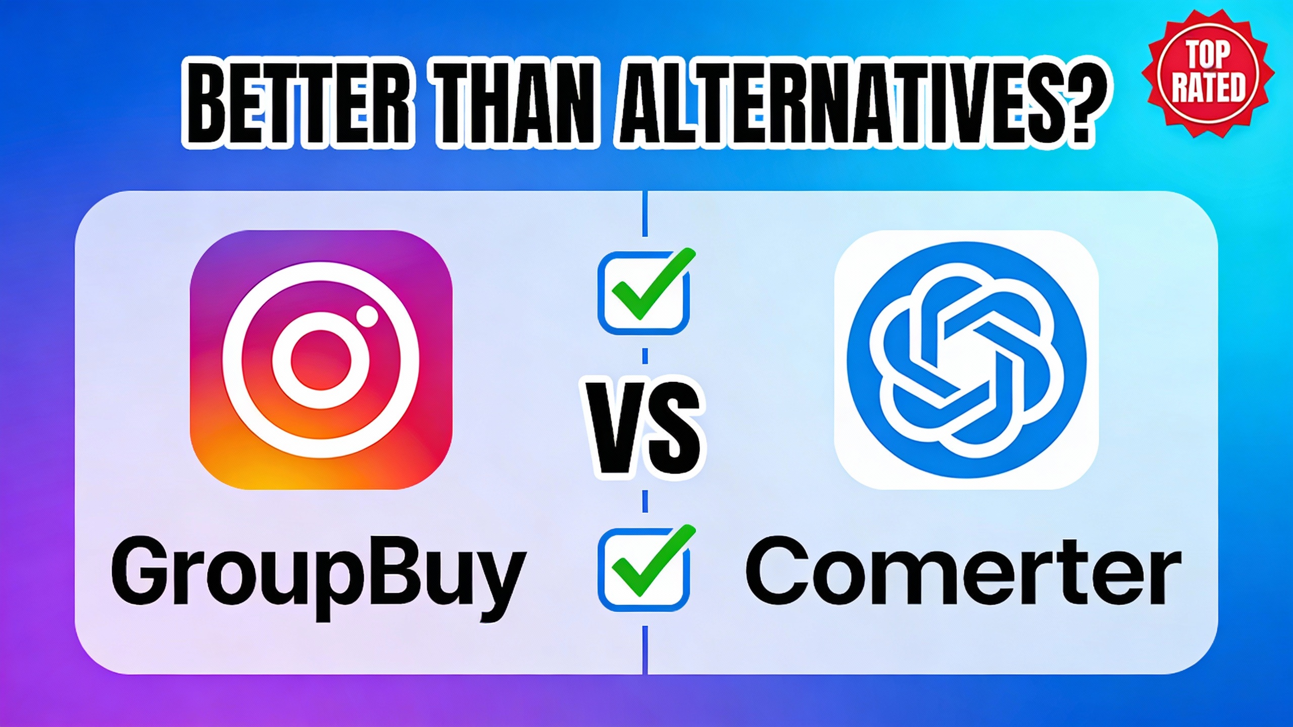 YouTube thumbnail marketing style. Bold text "BETTER THAN ALTERNATIVES?"
Groupbuy icon vs co