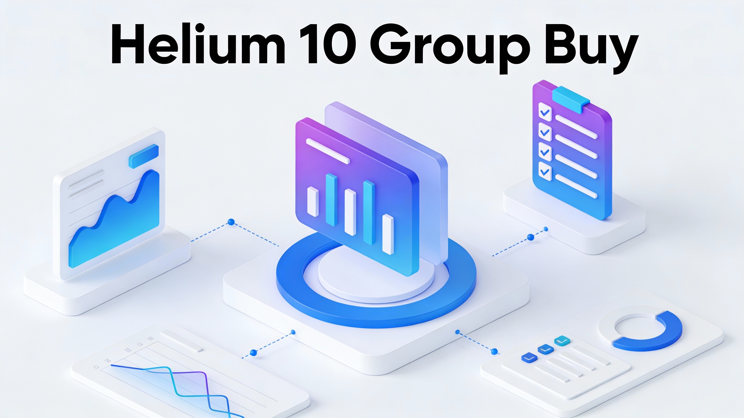 Modern tech platform interface for Helium 10 Group Buy with clean UI elements, data visualizations, and workflow icons. Minimalist vector style.