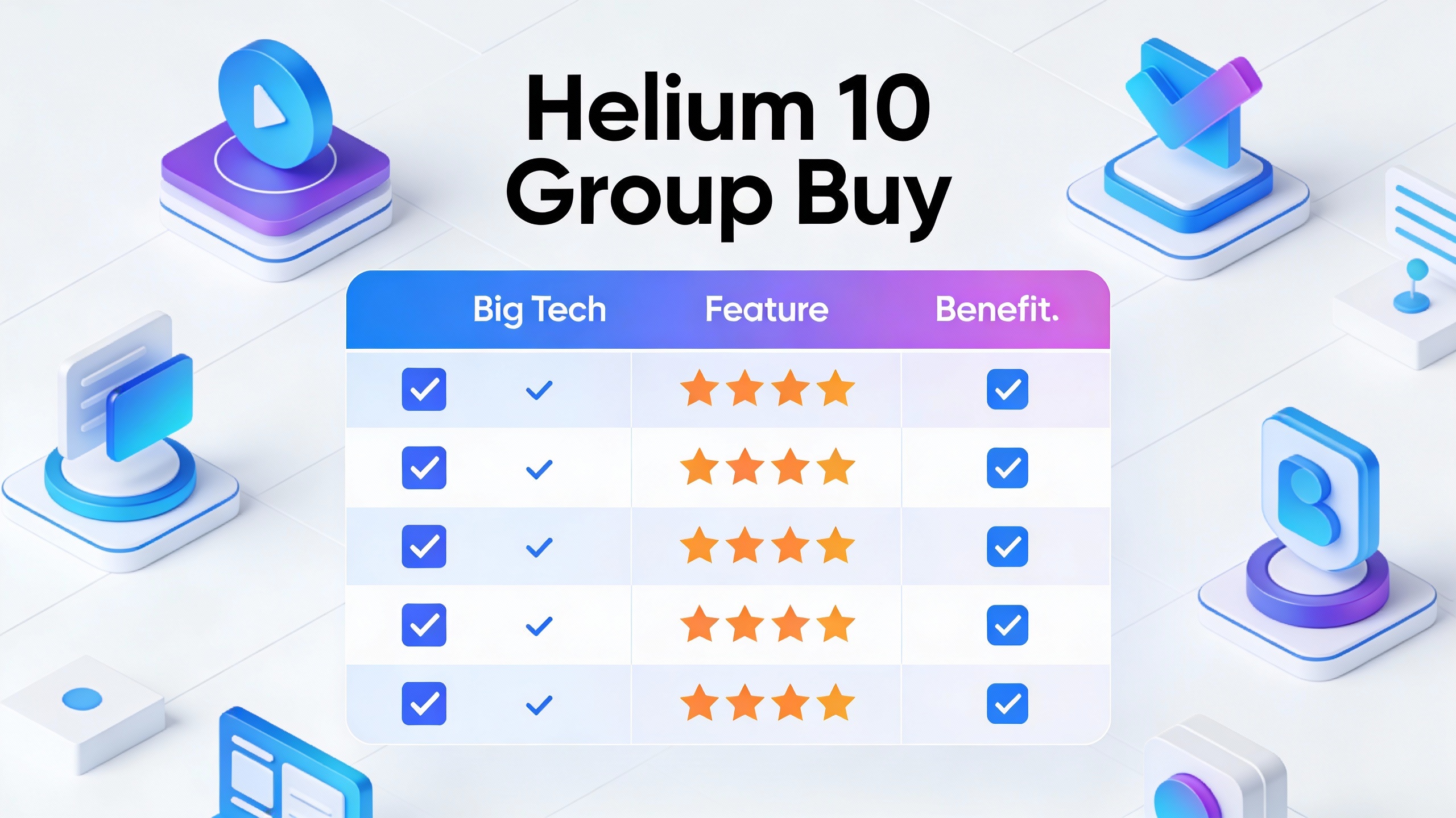 Feature comparison grid for Helium 10 Group Buy with checkmarks, star ratings, and benefit icons in modern flat design. Multi-color accent scheme.